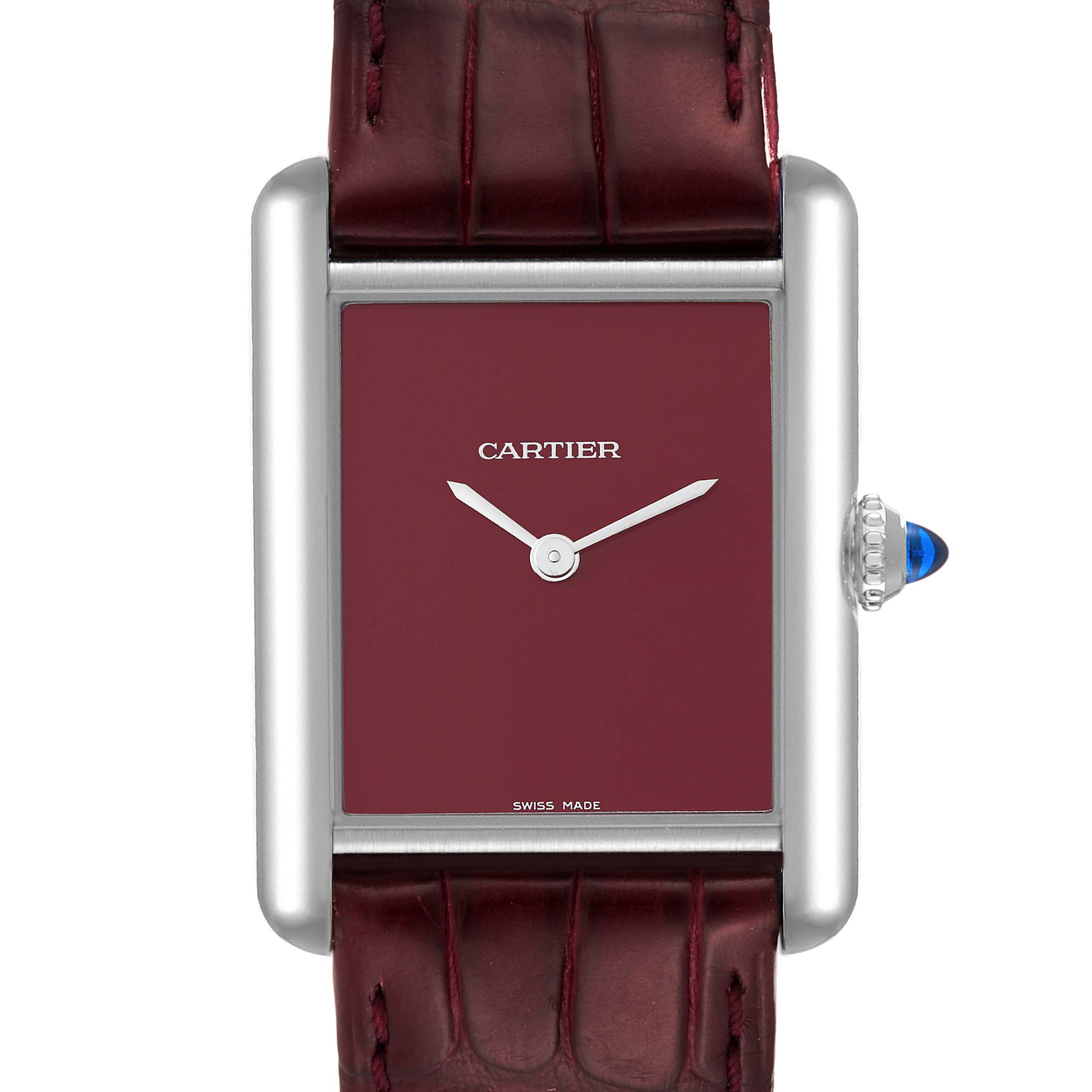 This image shows a front view of the Cartier Tank Must WSTA0054 Women's Stainless Steel Red Dial WSTA0054 Women's Stainless Steel Red Dial watch, focusing on its face, bezel, and part of the strap.