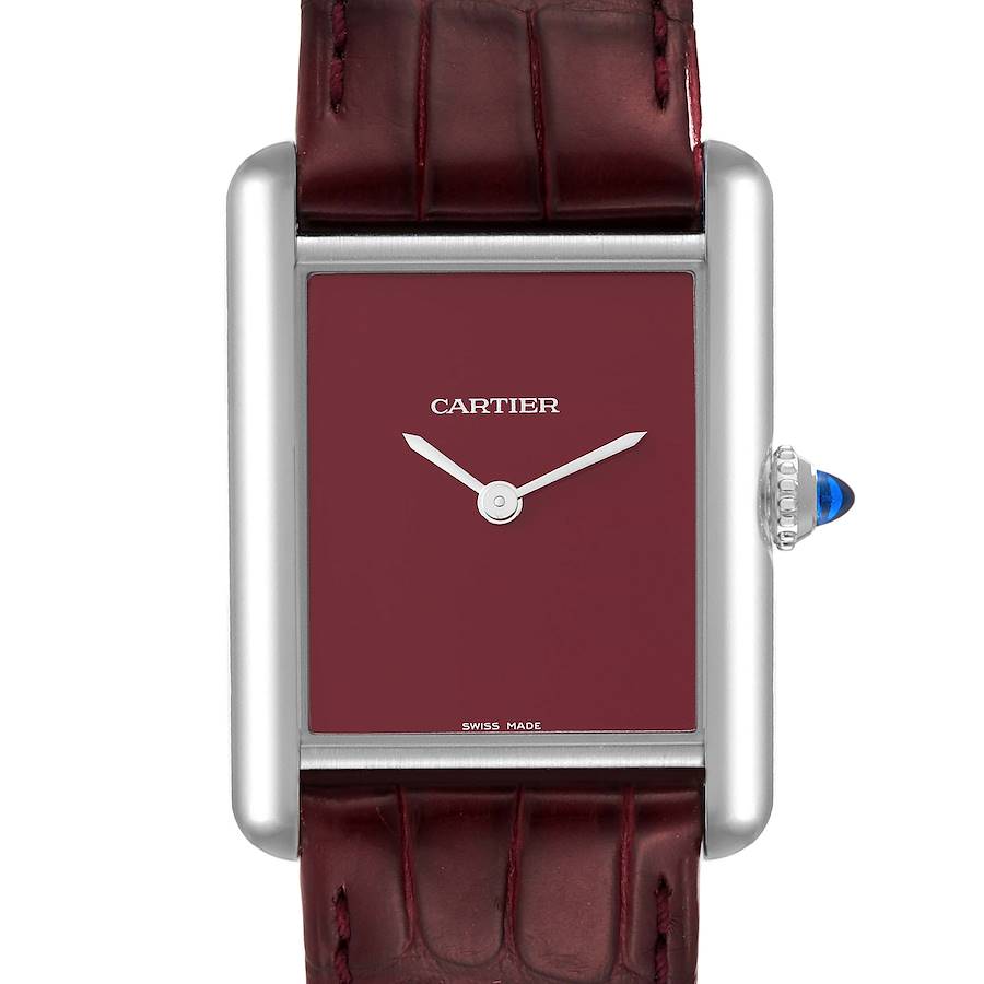 Cartier Tank Must Large Steel Burgundy Dial Ladies Watch WSTA0054 Box Card SwissWatchExpo