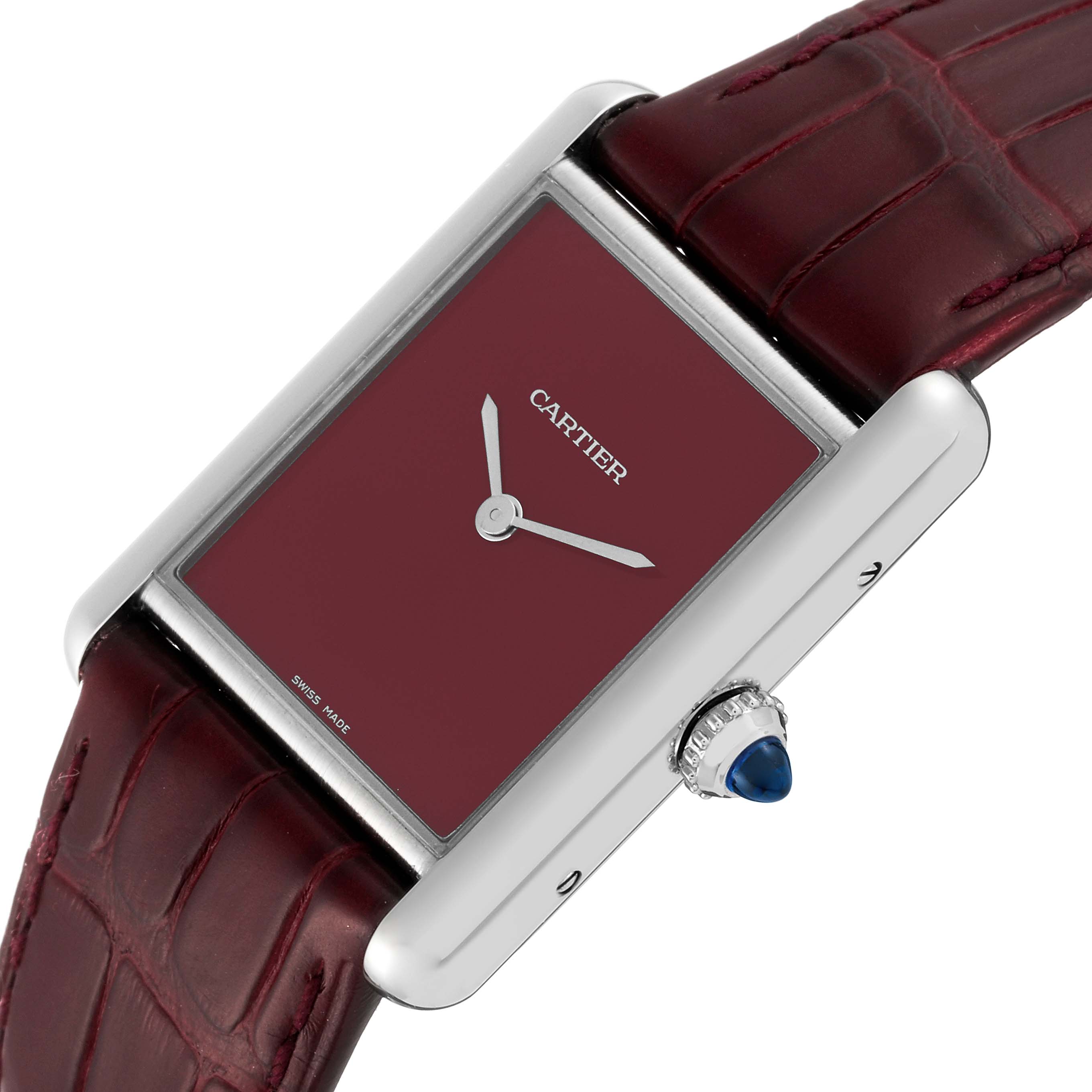 The image shows a Cartier Tank Must WSTA0054 Women's Stainless Steel Red Dial WSTA0054 Women's Stainless Steel Red Dial model watch from an angled view, highlighting its dial, case, crown, and strap.