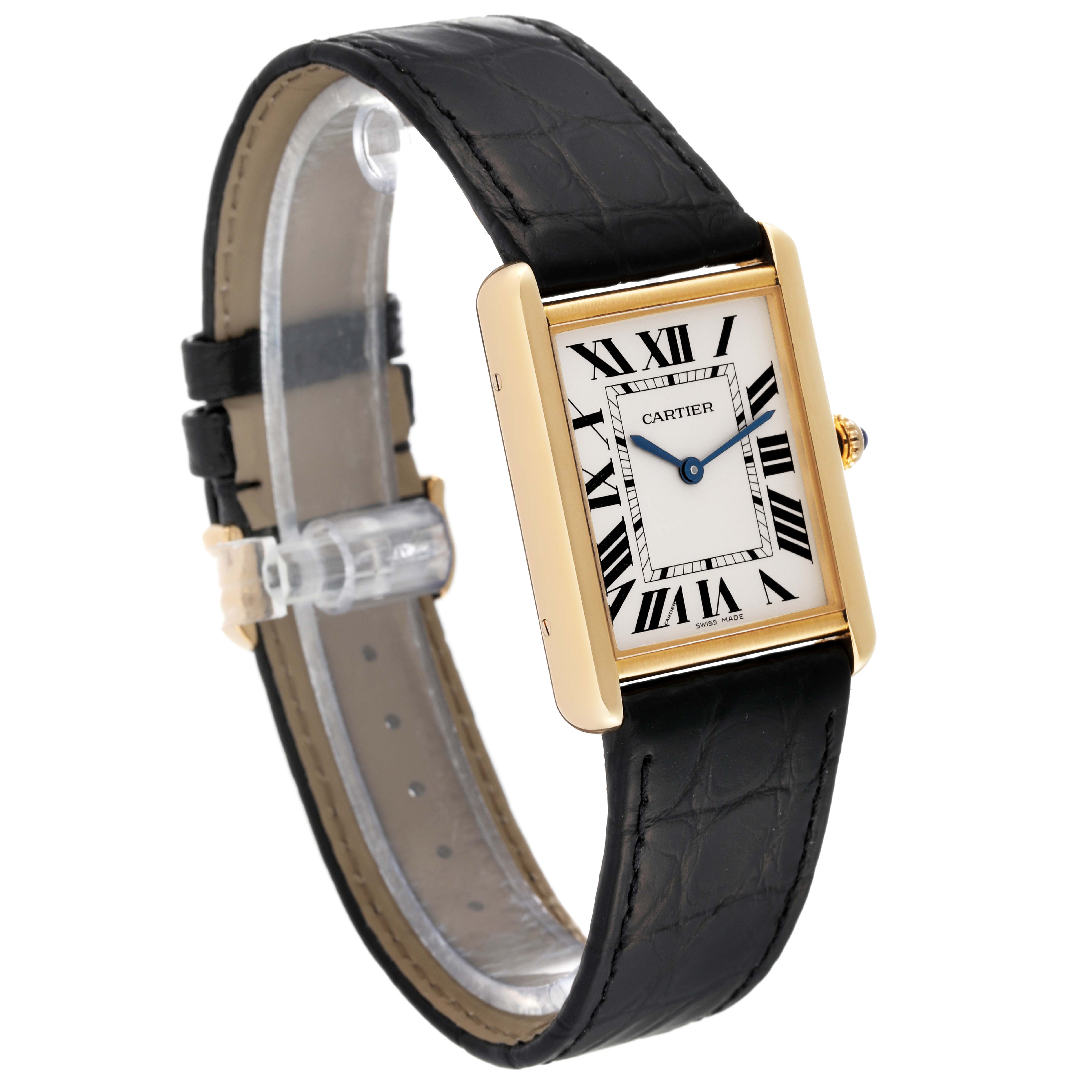 The image shows a Cartier Tank Solo W5200004 Men
s Steel and Gold (two tone) Silver Dial W5200004 Men
s Steel and Gold (two tone) Silver Dial watch at a slight side angle, highlighting the watch face, strap, and crown.