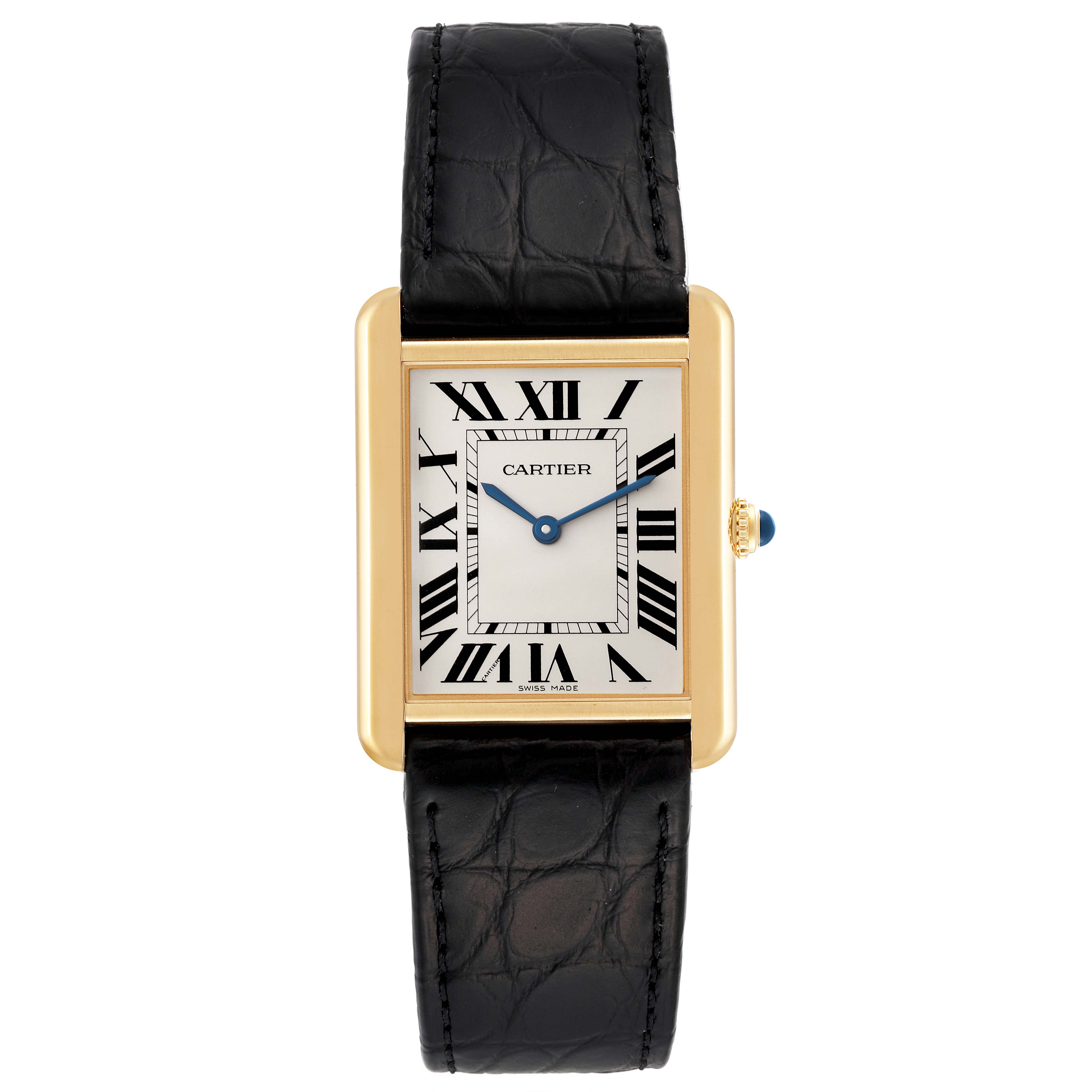 This is a front view of the Cartier Tank Solo W5200004 Men
s Steel and Gold (two tone) Silver Dial W5200004 Men
s Steel and Gold (two tone) Silver Dial watch, showing its face, strap, and crown.