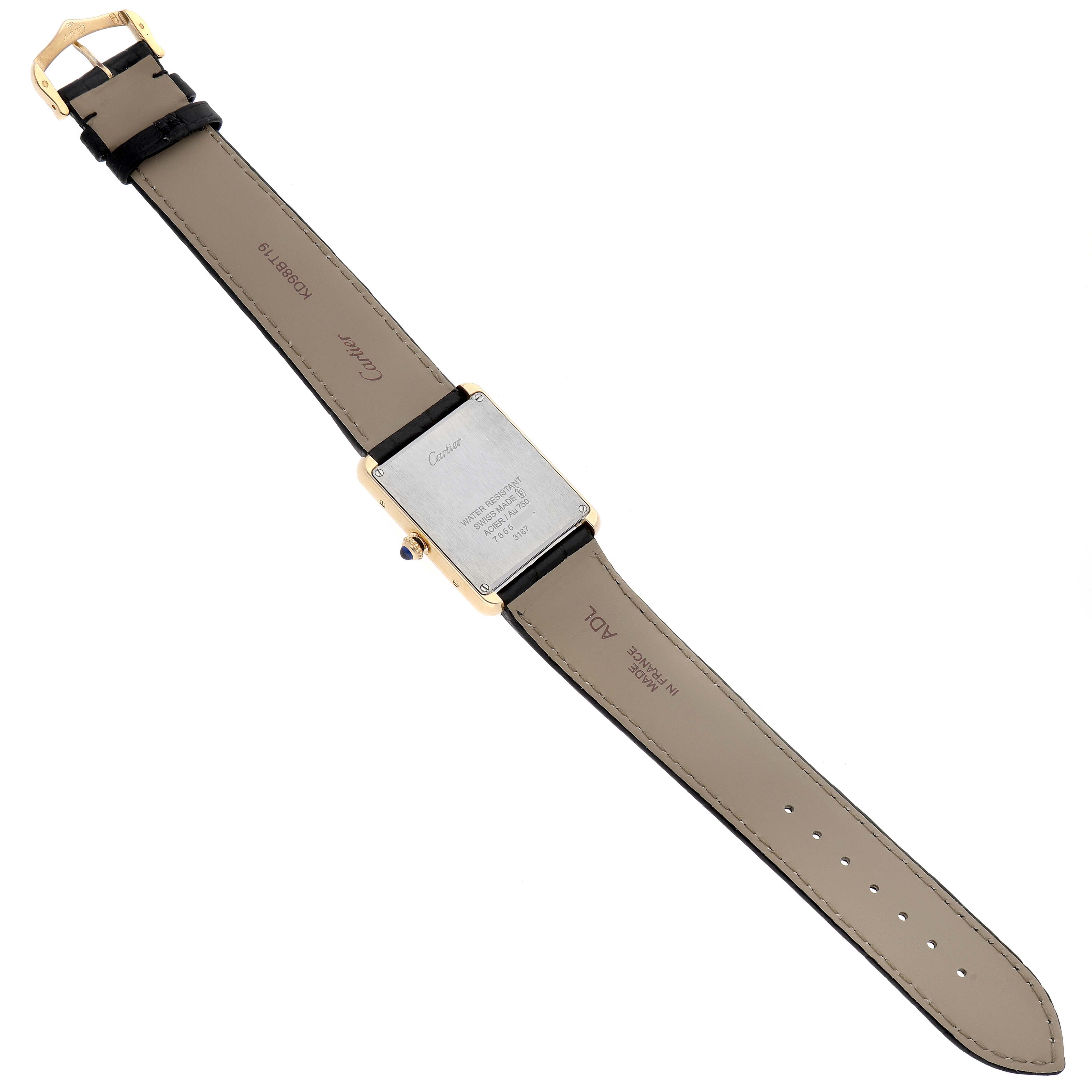 The image shows the backside and straps of a Cartier Tank Solo W5200004 Men
s Steel and Gold (two tone) Silver Dial W5200004 Men
s Steel and Gold (two tone) Silver Dial watch.