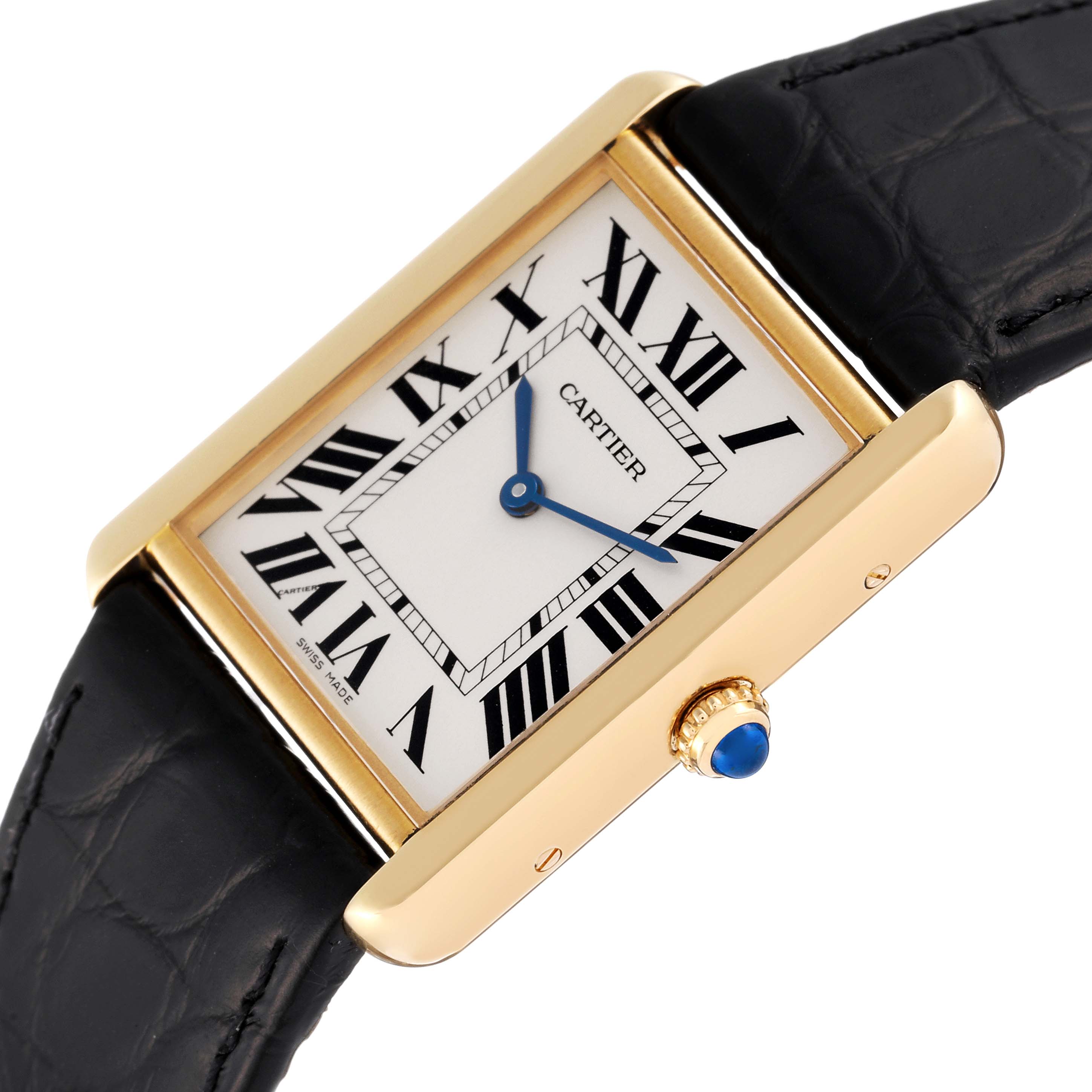 The image shows a Cartier Tank Solo W5200004 Men
s Steel and Gold (two tone) Silver Dial W5200004 Men
s Steel and Gold (two tone) Silver Dial watch face at an angled close-up, highlighting its Roman numerals, blue hands, and gold casing.