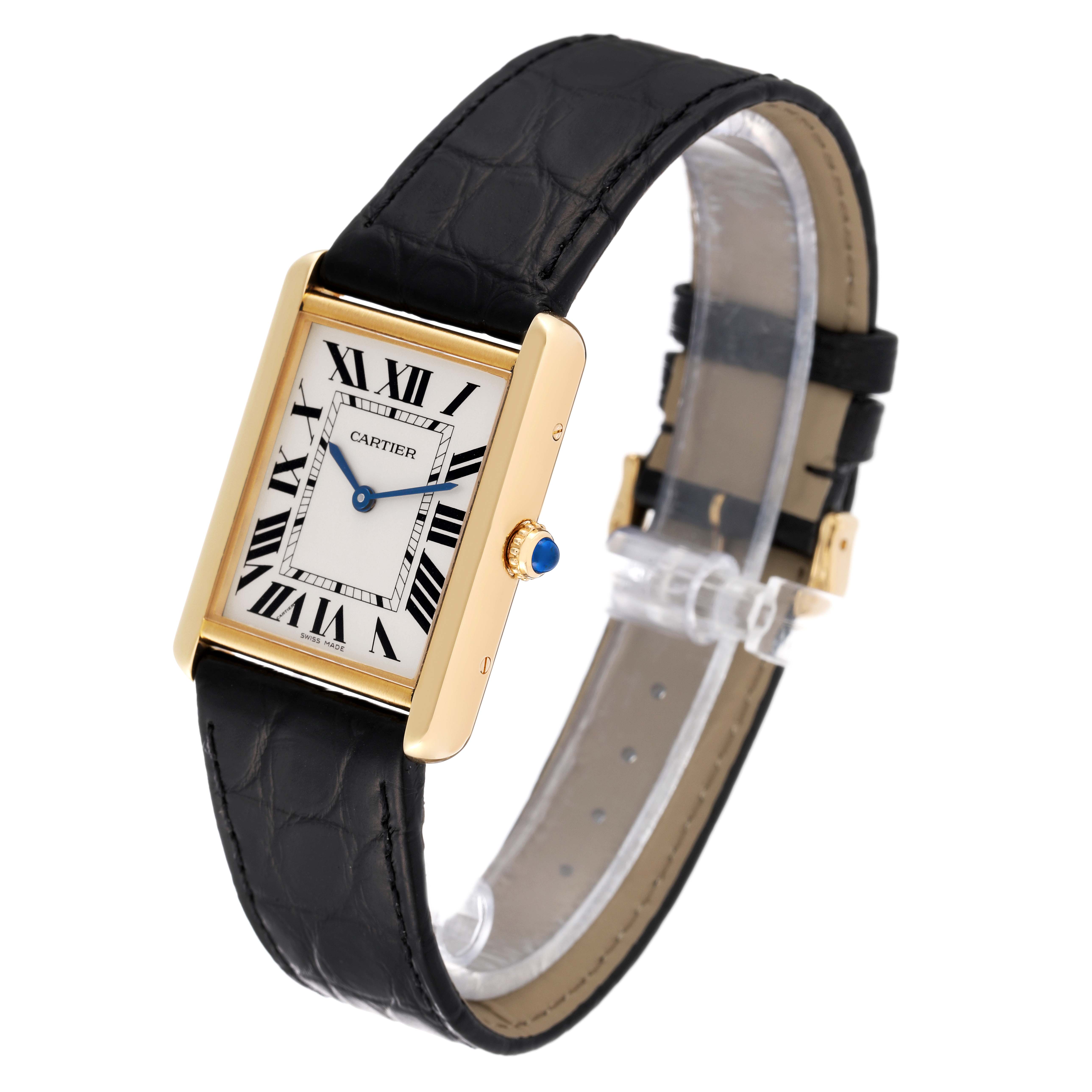 This Cartier Tank Solo W5200004 Men
s Steel and Gold (two tone) Silver Dial W5200004 Men
s Steel and Gold (two tone) Silver Dial watch is shown at a slight angle, featuring the face, Roman numerals, blue hands, crown, and black leather strap.
