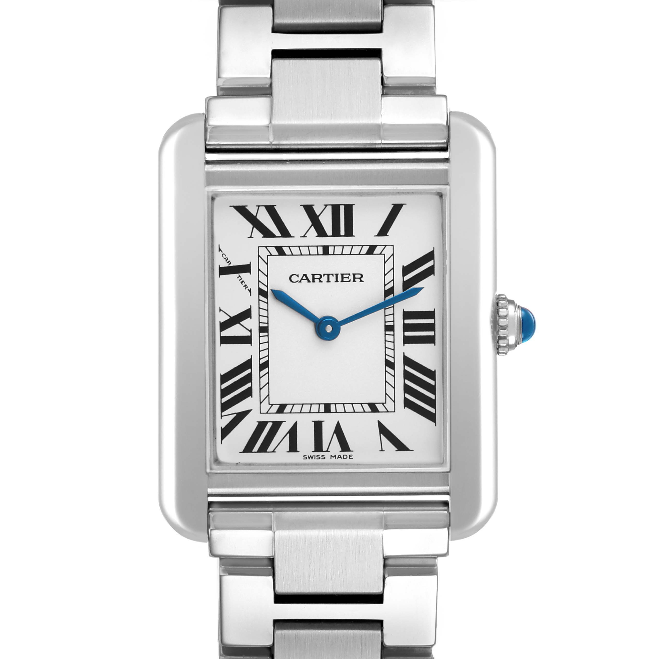The Cartier Tank Solo W5200013 Women's Stainless Steel Silver Dial watch is shown from a front angle, highlighting its face, Roman numerals, and metal bracelet.