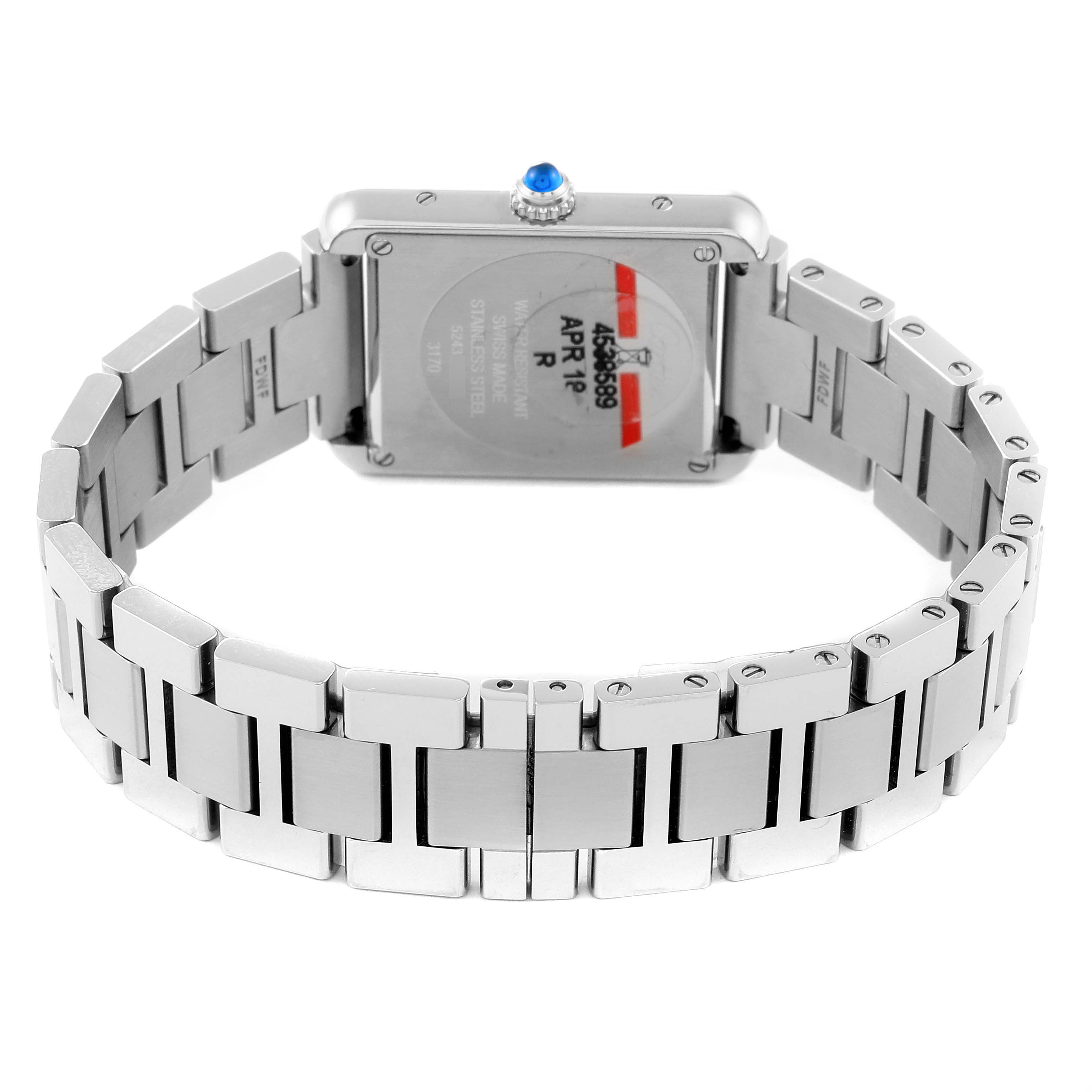 The image shows the back view of a Cartier Tank Solo W5200013 Women
s Stainless Steel Silver Dial W5200013 Women
s Stainless Steel Silver Dial watch, highlighting its stainless steel bracelet and caseback.