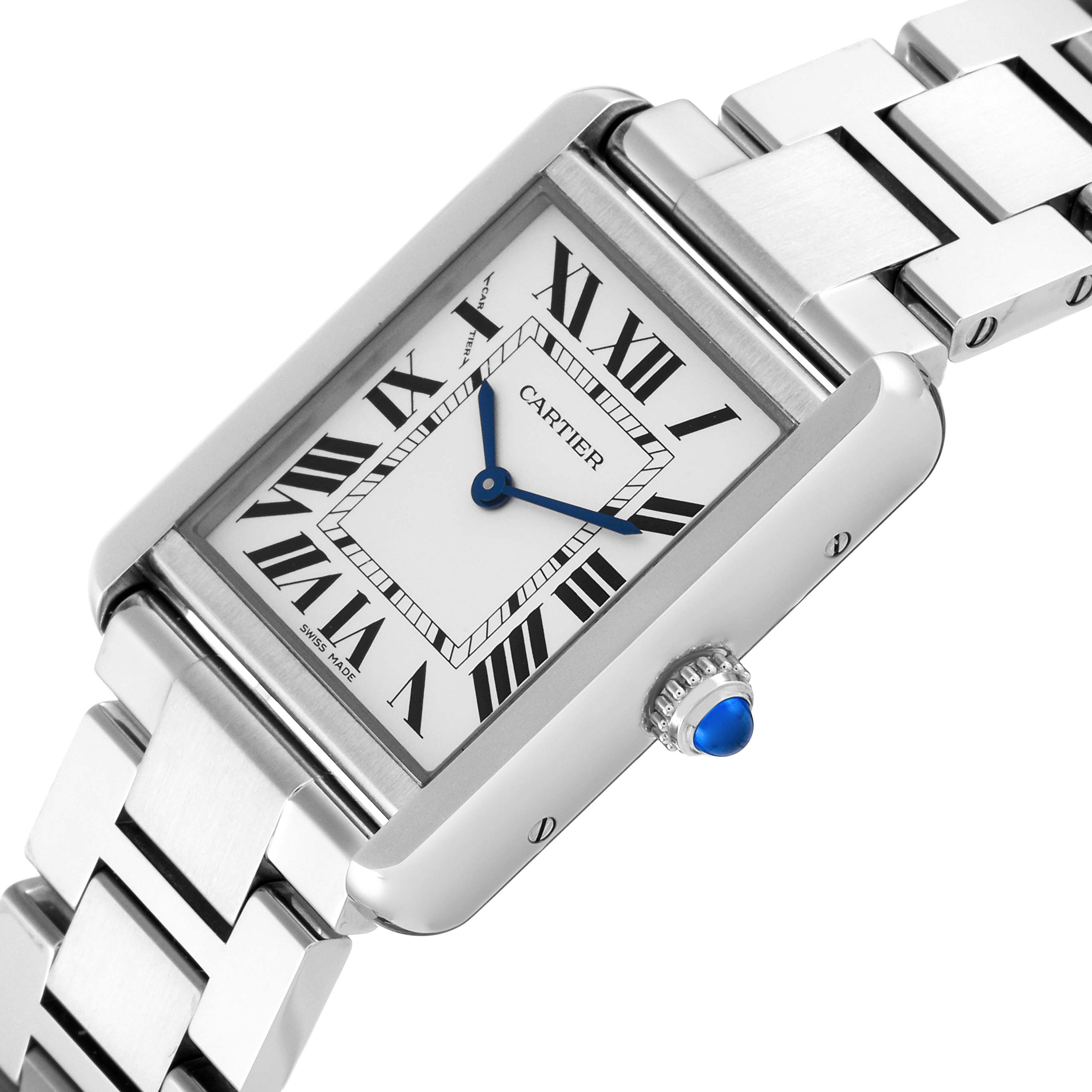 The Cartier Tank Solo W5200013 Women
s Stainless Steel Silver Dial W5200013 Women
s Stainless Steel Silver Dial watch is shown at an oblique angle, highlighting its face, Roman numerals, blue hands, and metal bracelet.