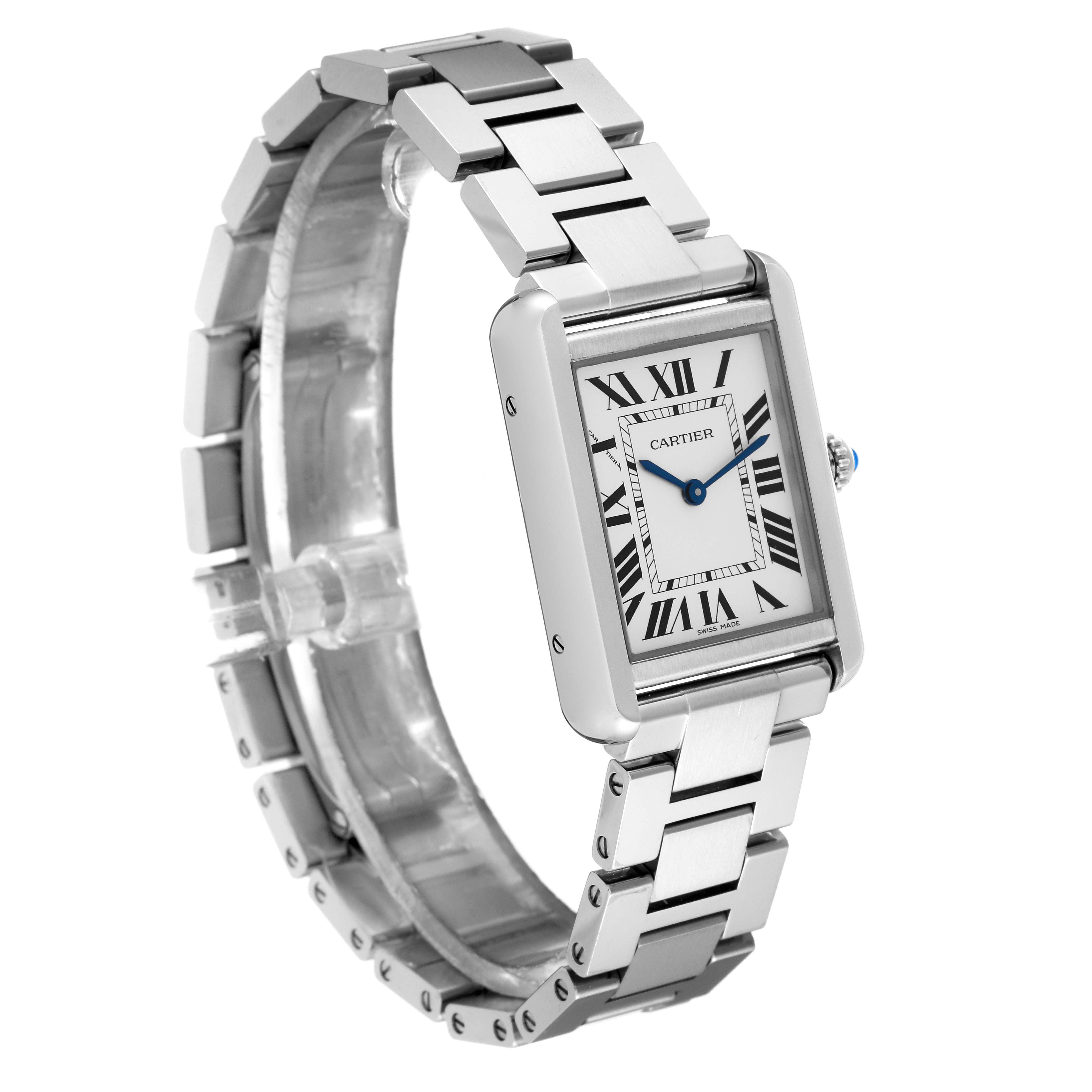 The Cartier Tank Solo W5200013 Women
s Stainless Steel Silver Dial W5200013 Women
s Stainless Steel Silver Dial watch is shown at a three-quarter angle, displaying its rectangular face and bracelet.