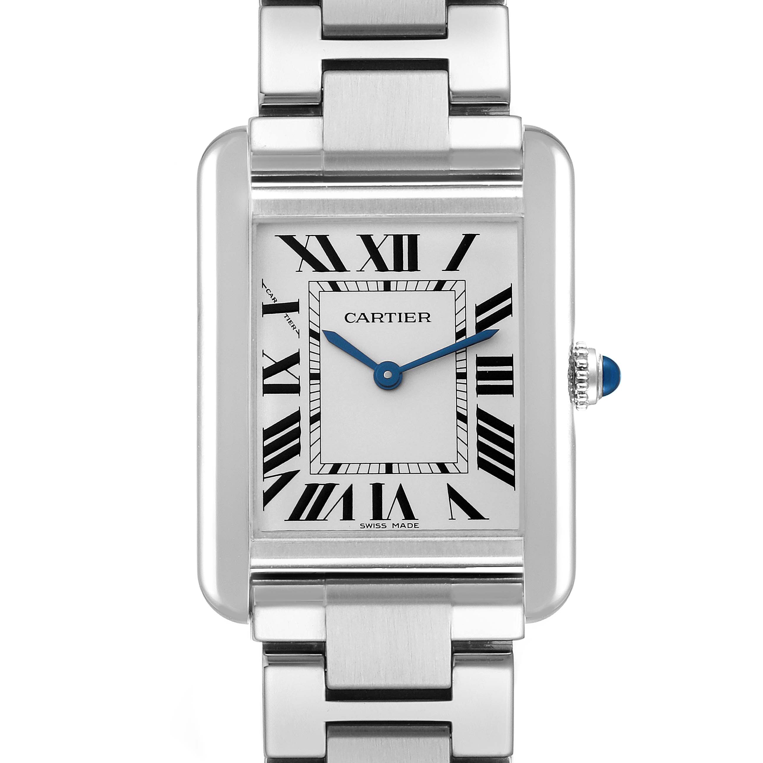 The image shows a front view of the Cartier Tank Solo W5200013 Women
s Stainless Steel Silver Dial W5200013 Women
s Stainless Steel Silver Dial watch, highlighting the dial, hands, and part of the bracelet.