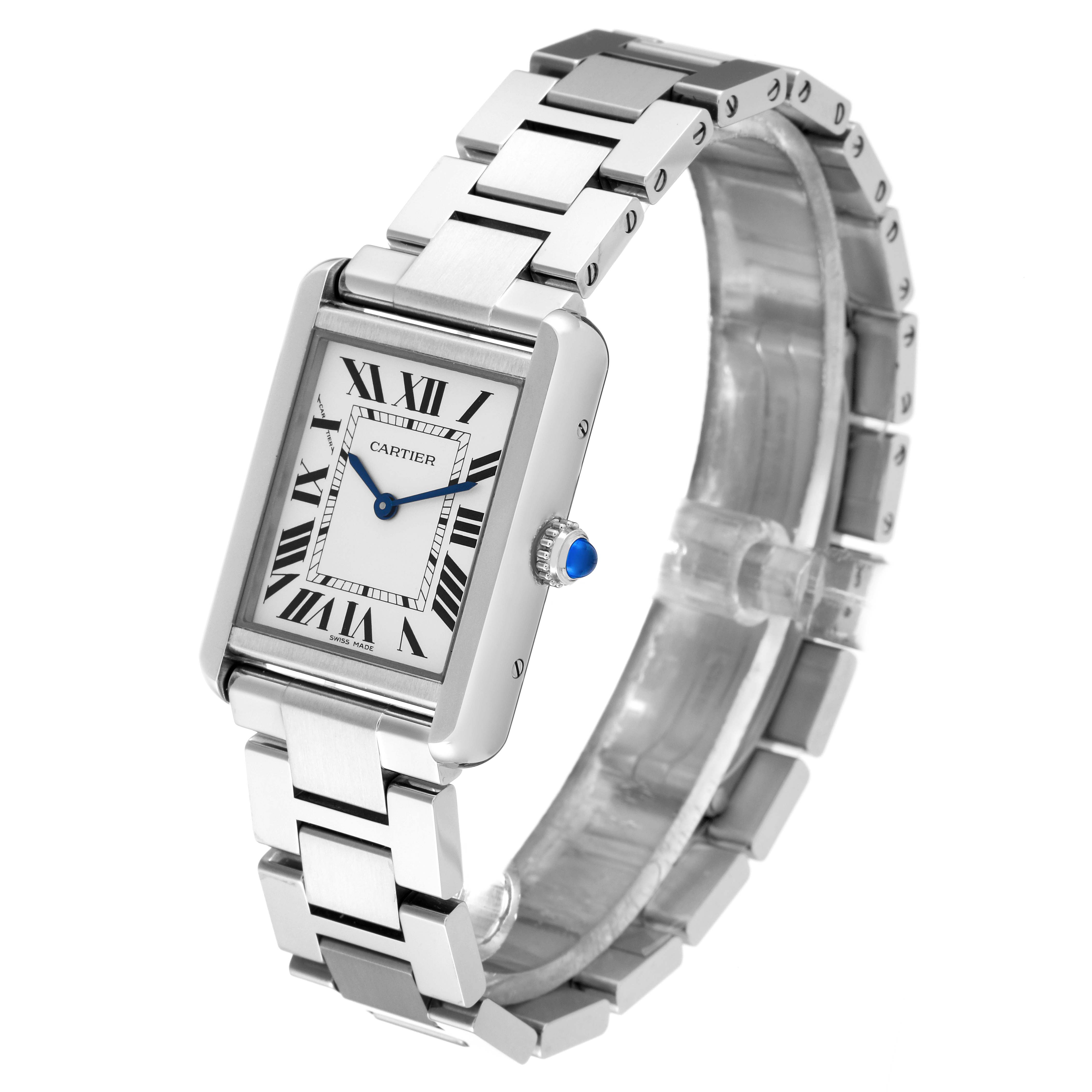 This is the Cartier Tank Solo W5200013 Women
s Stainless Steel Silver Dial W5200013 Women
s Stainless Steel Silver Dial model watch shown at a slight angle, displaying its face, bracelet, and crown.