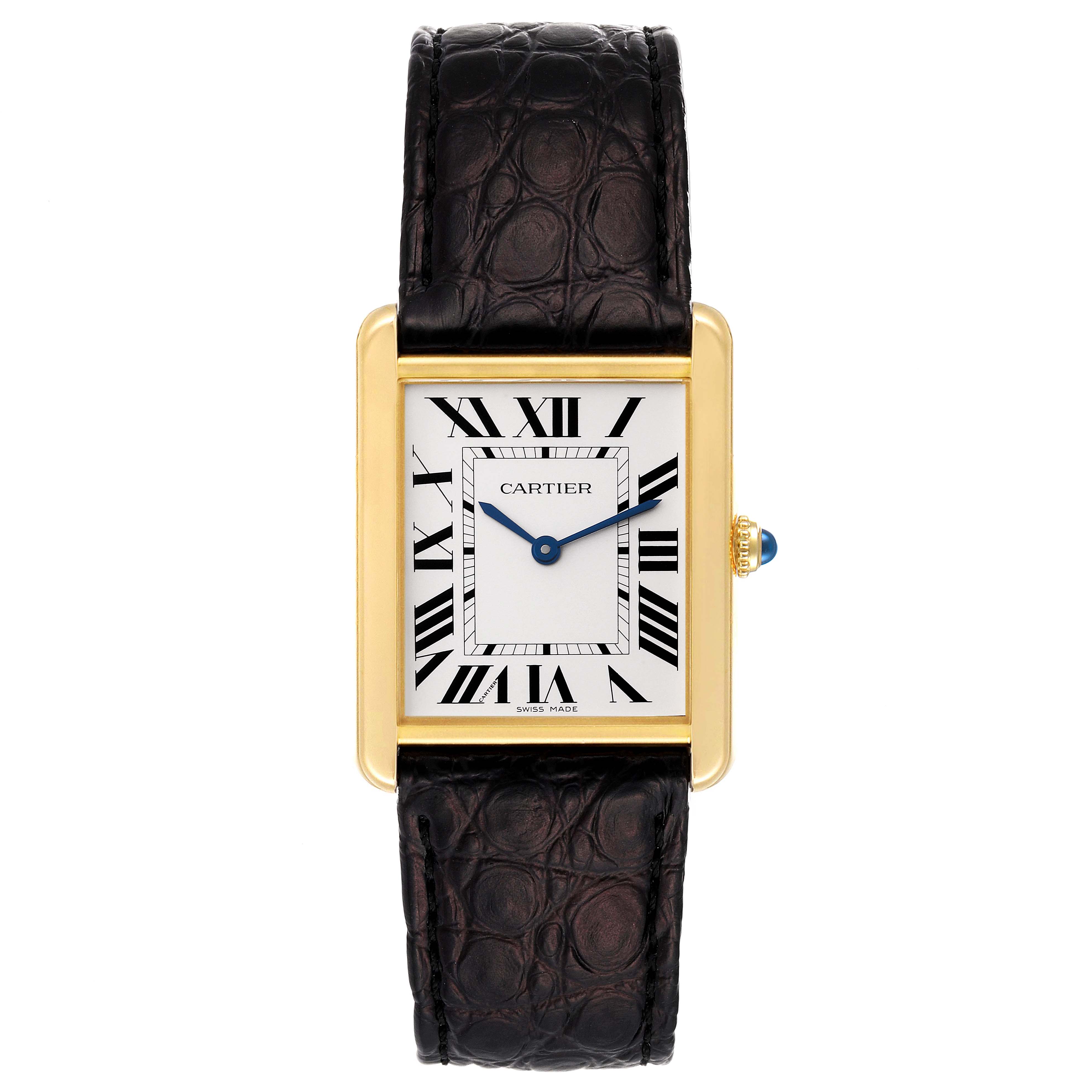 The Cartier Tank Solo W5200004 Men's Yellow Gold Silver Dial W5200004 Men's Yellow Gold Silver Dial model watch is shown in a front view, displaying its rectangular face, Roman numeral markers, and black leather strap.