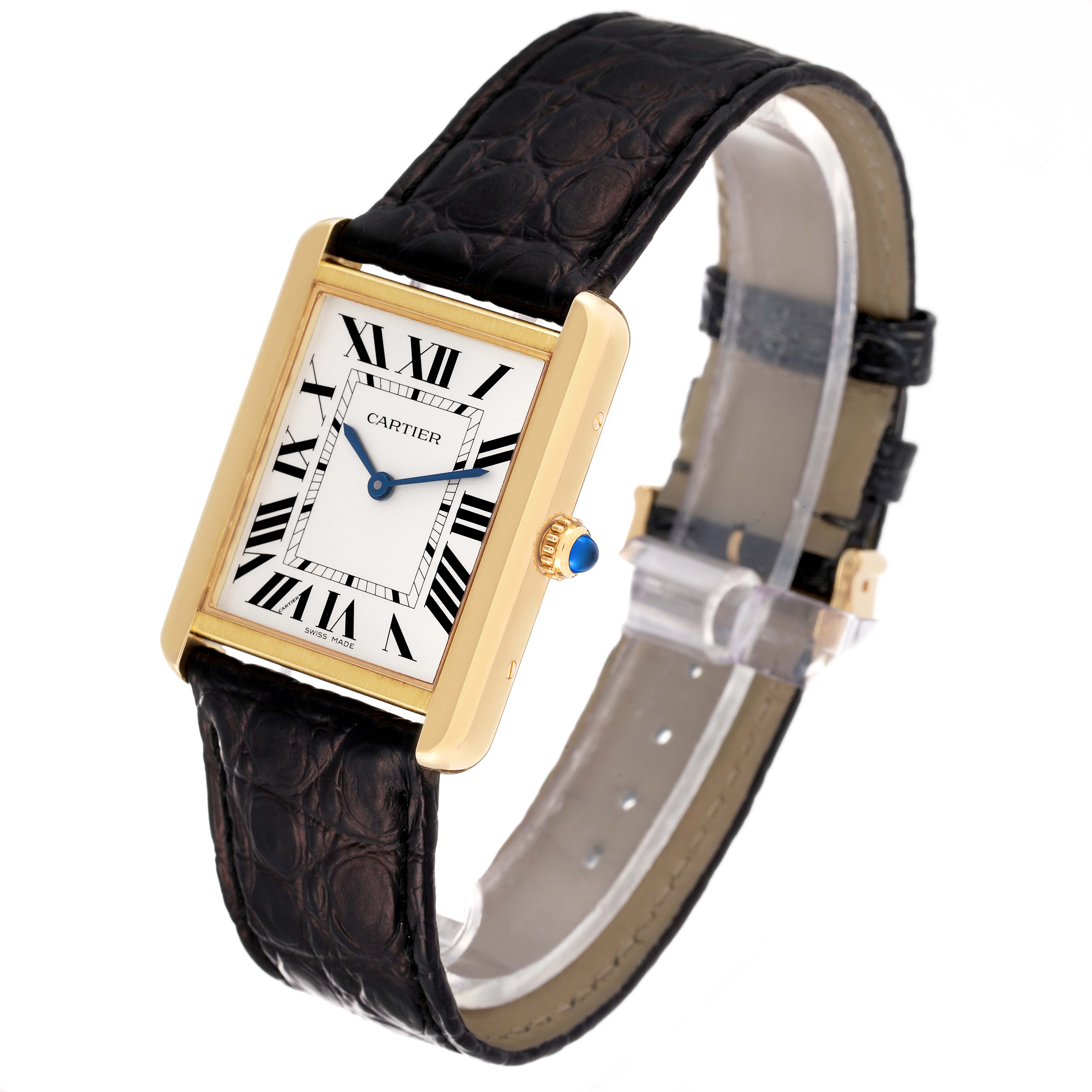 The image shows a Cartier Tank Solo W5200004 Men's Yellow Gold Silver Dial W5200004 Men's Yellow Gold Silver Dial watch at a slight angle, displaying the face, bezel, strap, and crown.