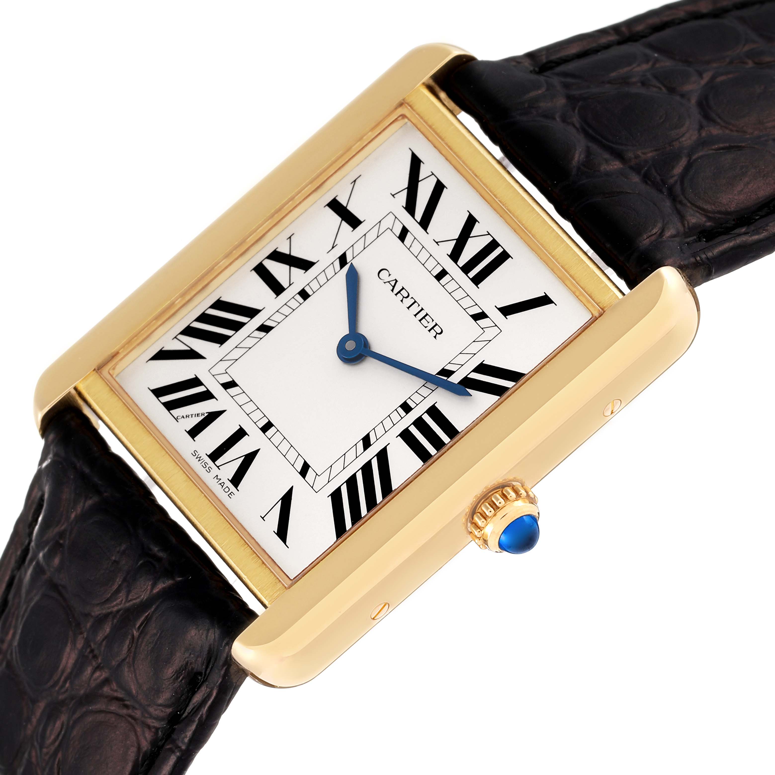 The image shows the dial and upper half of the strap of a Cartier Tank Solo W5200004 Men's Yellow Gold Silver Dial W5200004 Men's Yellow Gold Silver Dial watch at an angled view.