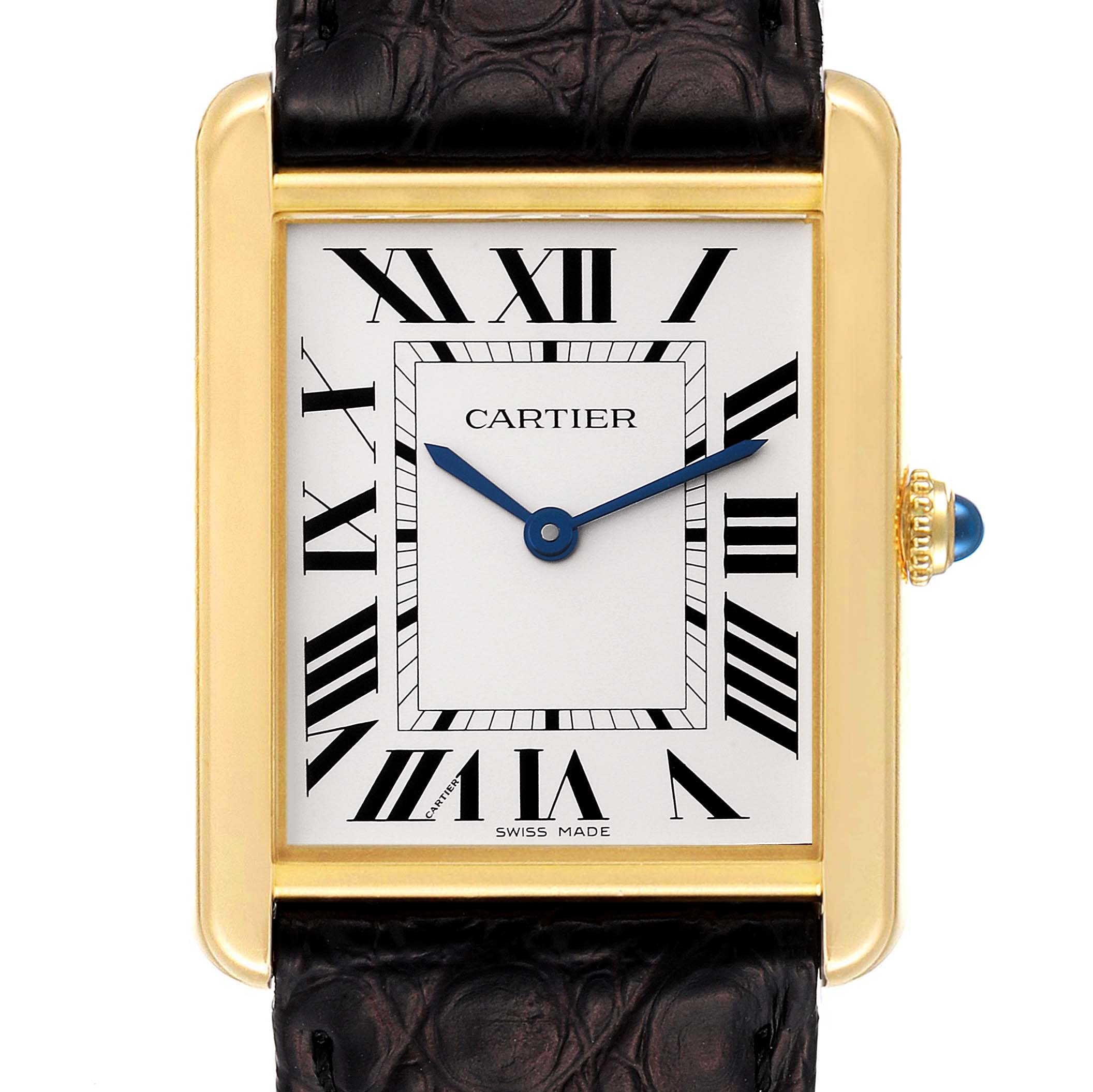 The image shows the front view of the Cartier Tank Solo W5200004 Men's Yellow Gold Silver Dial W5200004 Men's Yellow Gold Silver Dial watch, highlighting its face, Roman numerals, and leather strap.