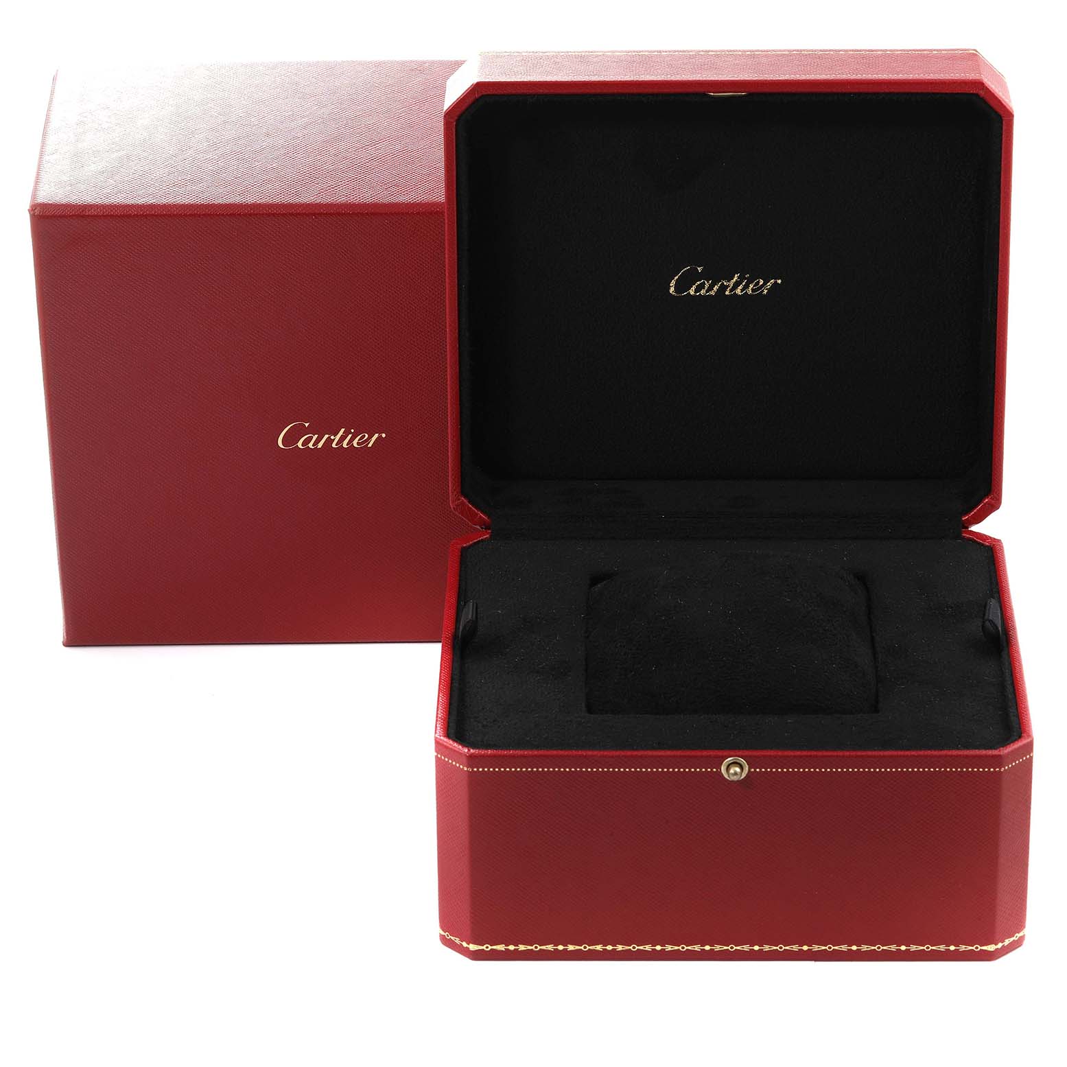 This image shows an open red Cartier watch box labeled "Tank Solo" with a black interior.