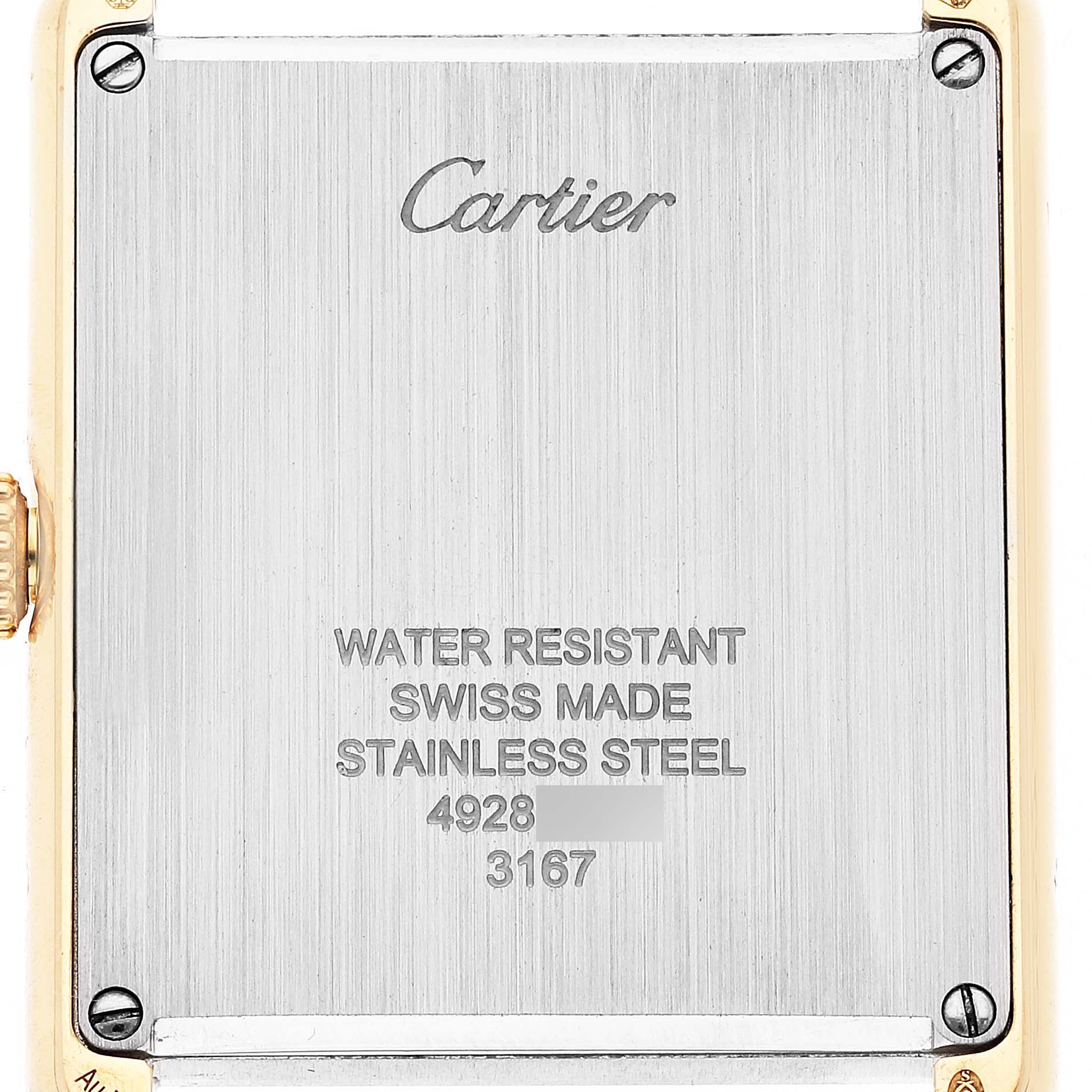 This image shows the back case of a Cartier Tank Solo W5200004 Men's Yellow Gold Silver Dial W5200004 Men's Yellow Gold Silver Dial watch, highlighting the brand, water resistance, and Swiss-made stainless steel.