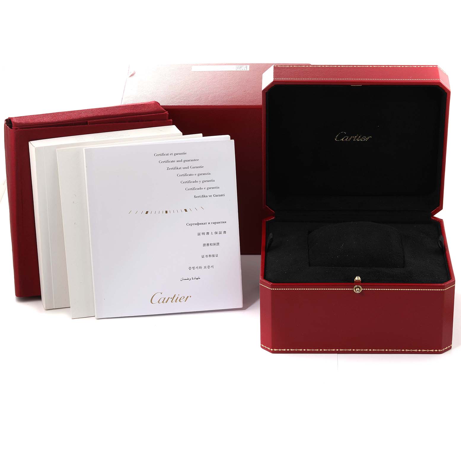 The image shows the packaging, including an empty display box and documents for a Cartier Tonneau WE400131 Women
s White Gold Silver Dial WE400131 Women
s White Gold Silver Dial model watch.