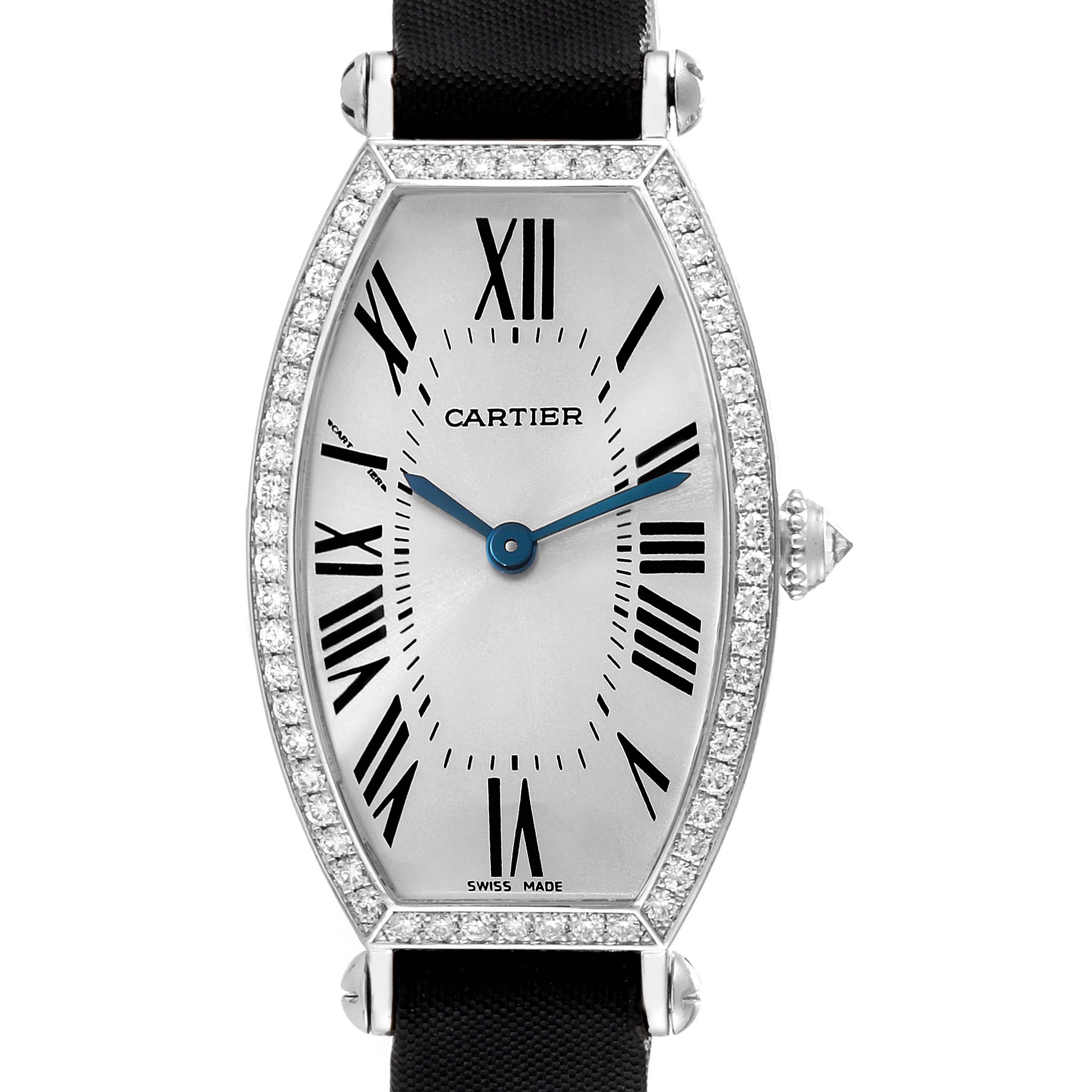 The image shows a front view of a Cartier Tonneau WE400131 Women
s White Gold Silver Dial WE400131 Women
s White Gold Silver Dial watch, highlighting its face, blue hands, Roman numerals, and diamond bezel.