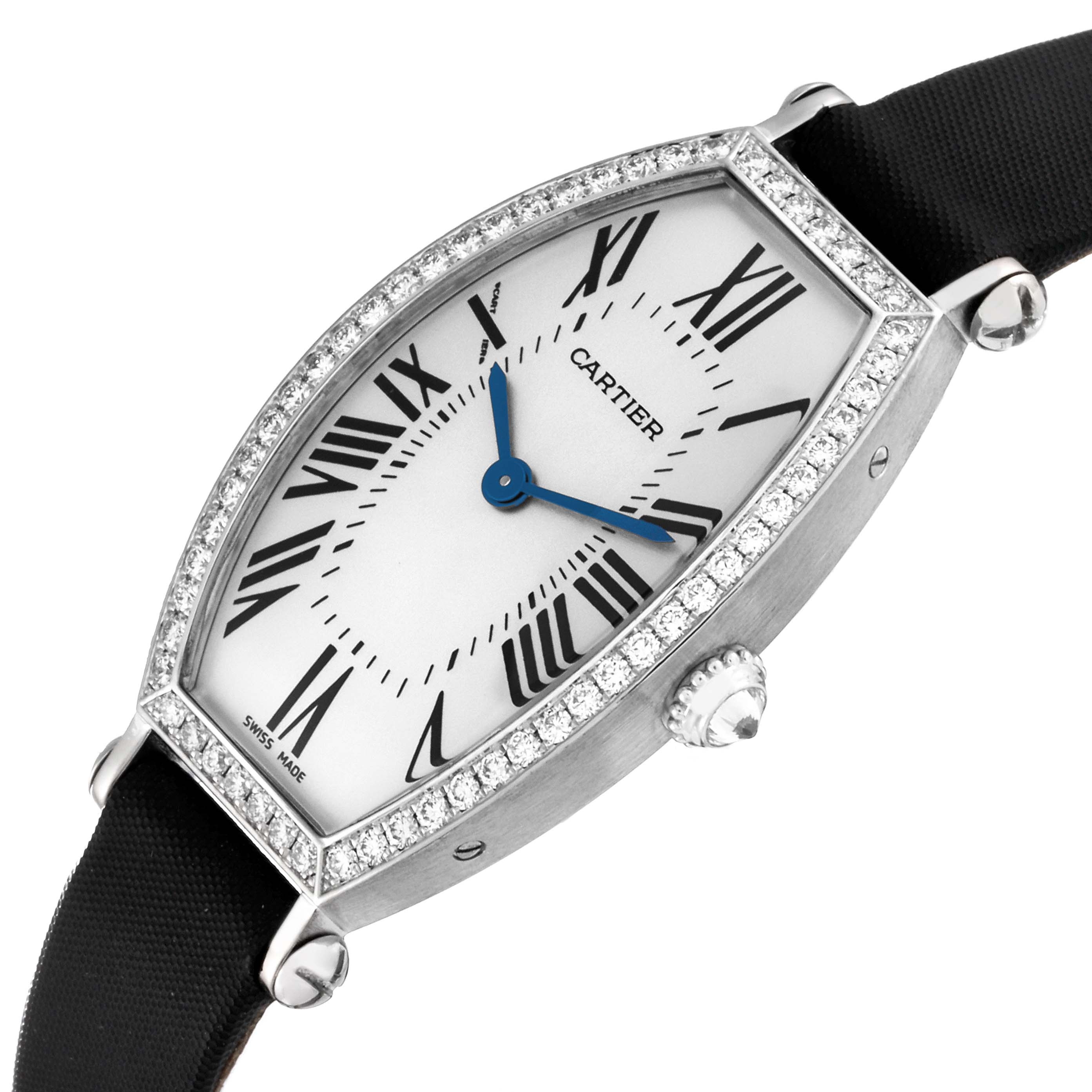 The image shows a Cartier Tonneau WE400131 Women
s White Gold Silver Dial WE400131 Women
s White Gold Silver Dial watch angled to display its face, bezel, crown, and part of the strap.