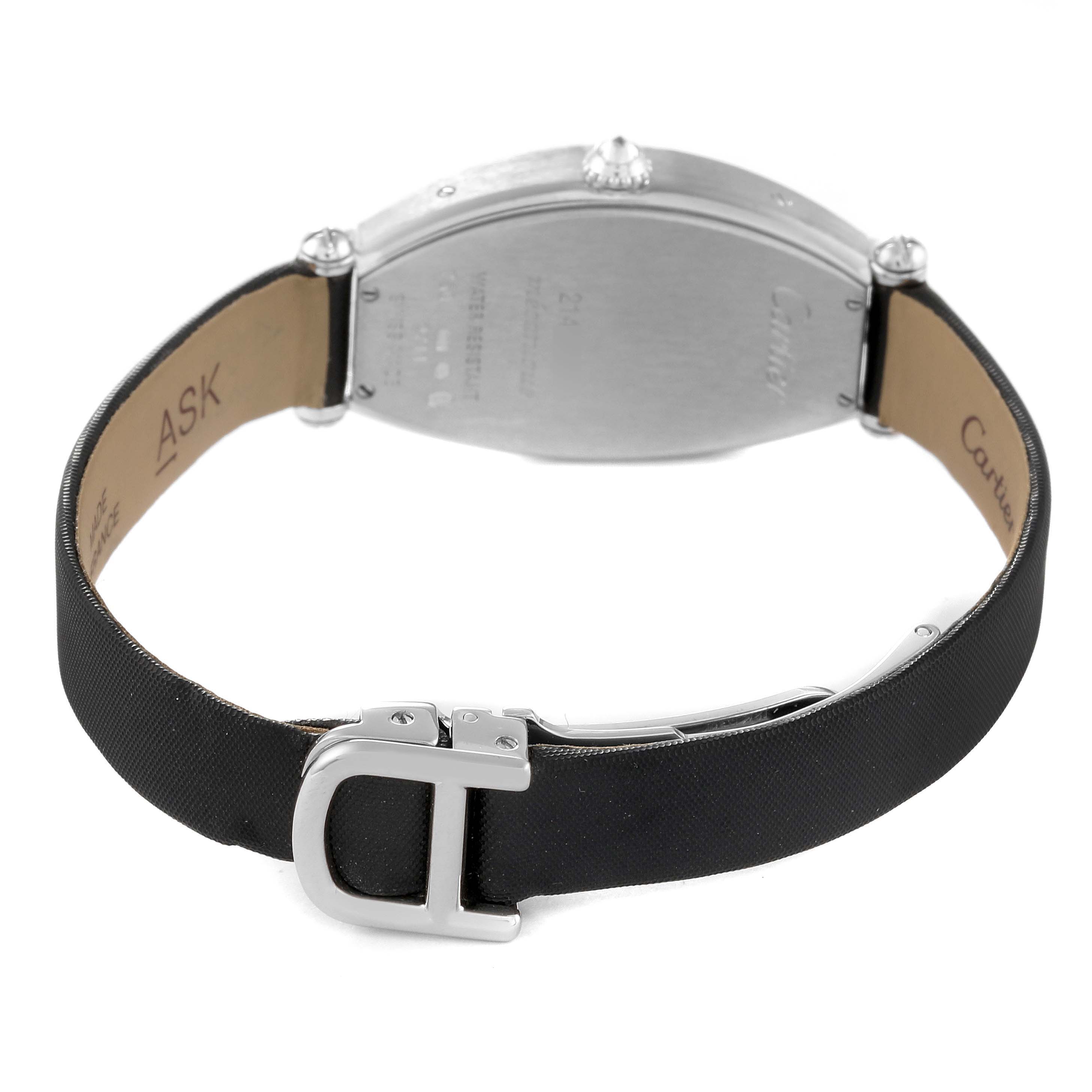 The image shows the back view of a Cartier Tonneau WE400131 Women
s White Gold Silver Dial WE400131 Women
s White Gold Silver Dial watch, featuring its case back, buckle, and strap.