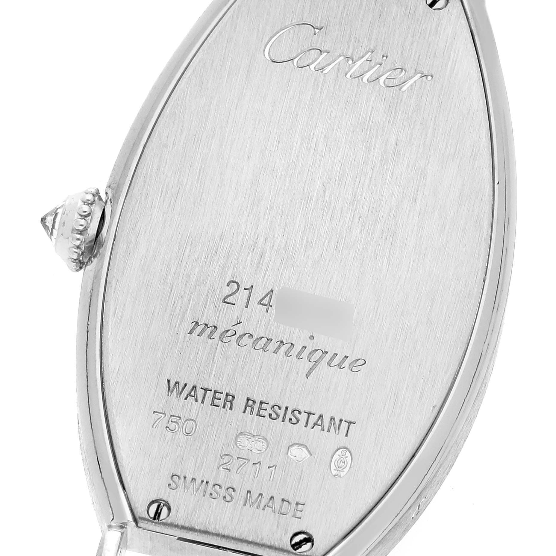 This image shows the back case of the Cartier Tonneau WE400131 Women
s White Gold Silver Dial WE400131 Women
s White Gold Silver Dial watch, highlighting the brand, model details, and water resistance rating.