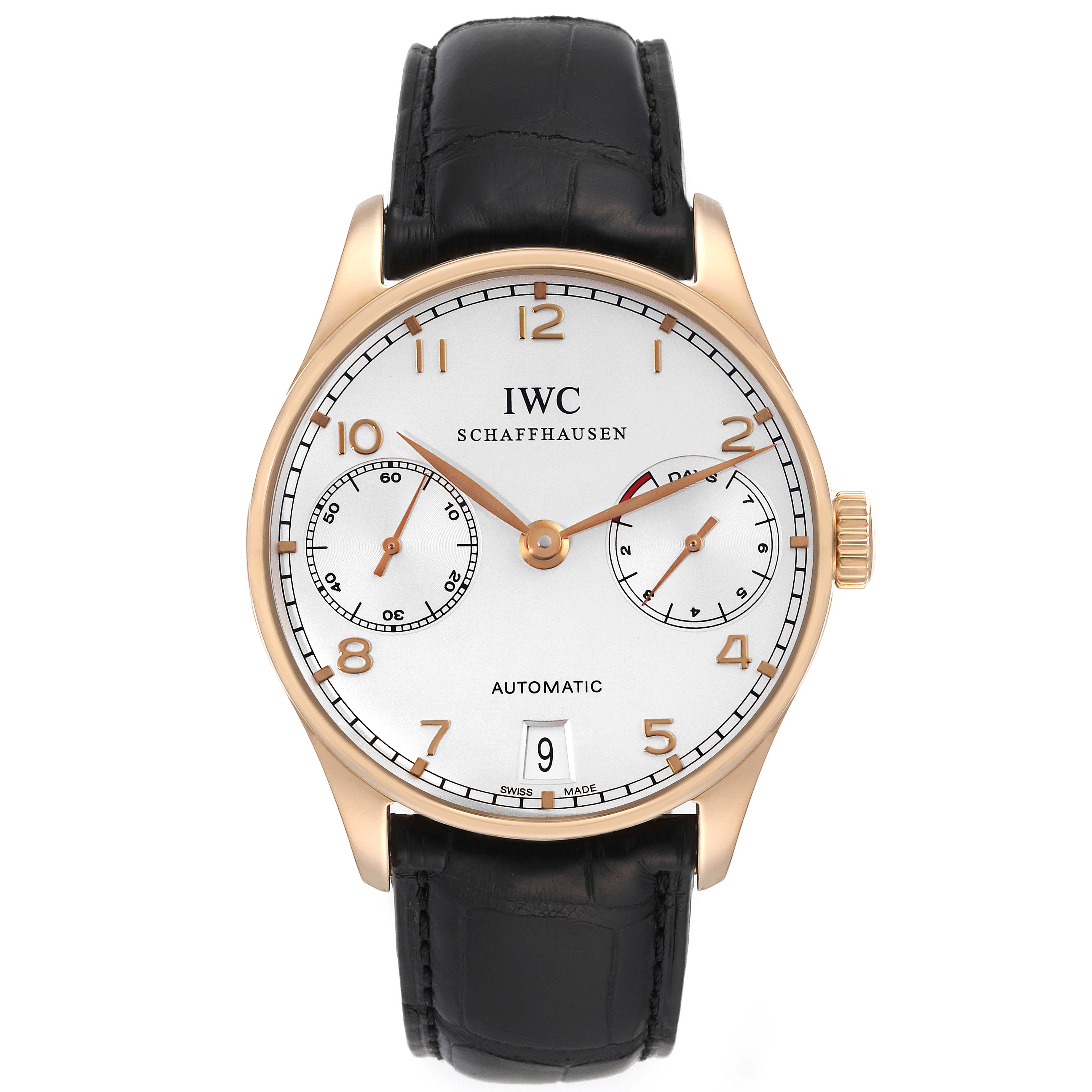 This image shows the front view of the IWC Portuguese IW500701 Men's Rose Gold Silver Dial IW500701 Men's Rose Gold Silver Dial model watch, featuring a white dial, gold hands, and a black leather strap.