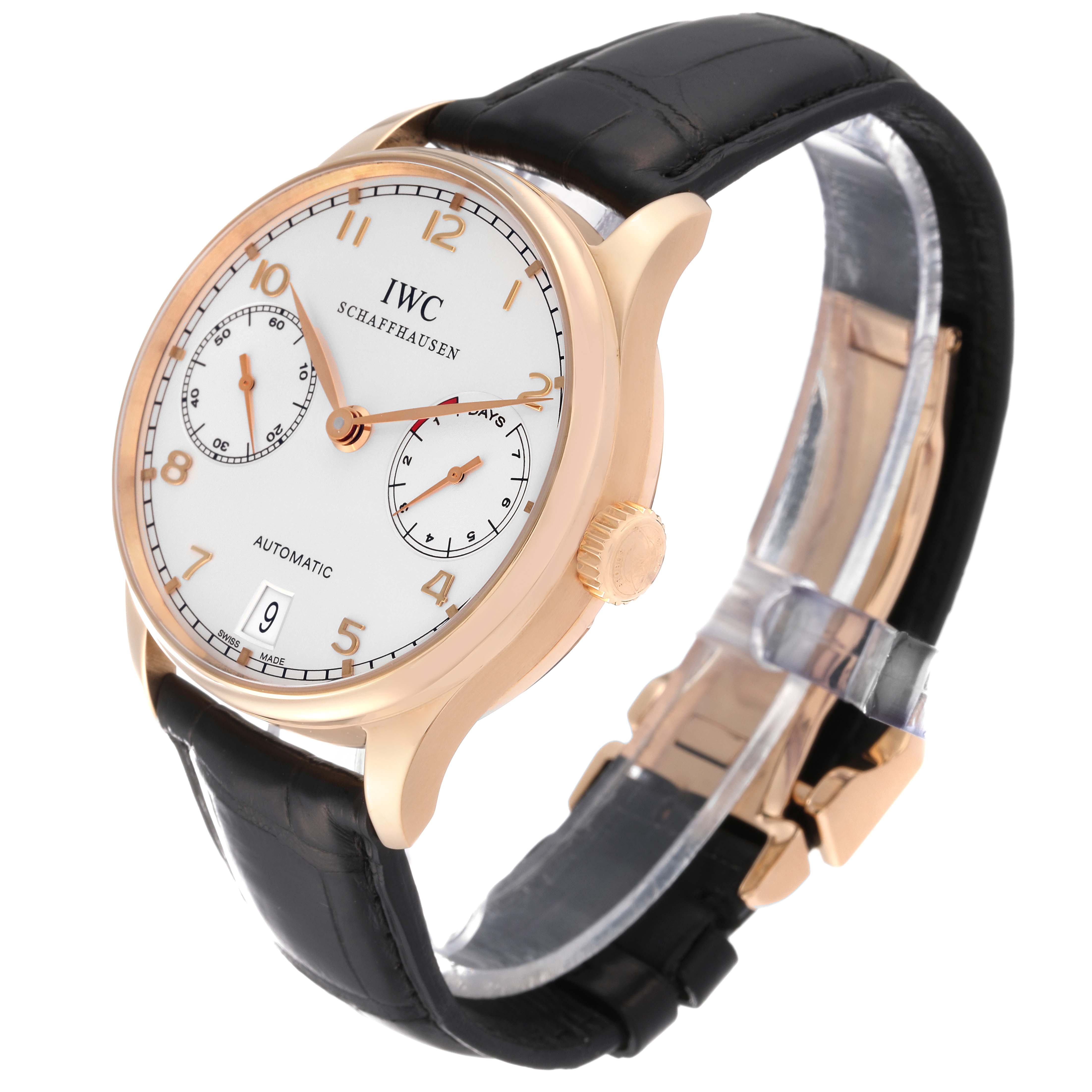The image shows an IWC Portuguese IW500701 Men's Rose Gold Silver Dial IW500701 Men's Rose Gold Silver Dial model watch angled from the front-left, highlighting the watch face and strap.