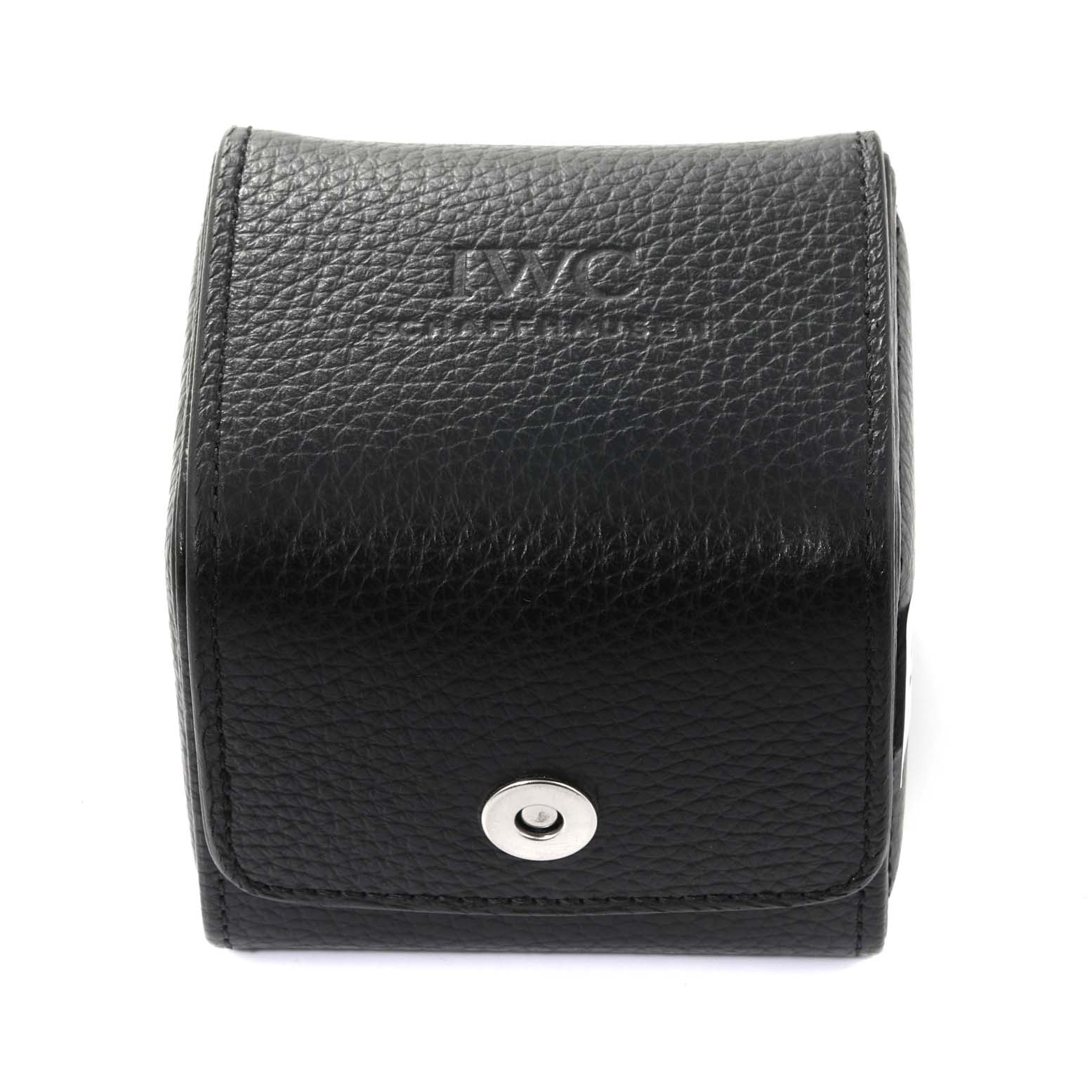 The image shows a closed IWC Portuguese IW500701 Men's Rose Gold Silver Dial IW500701 Men's Rose Gold Silver Dial model watch case in black leather with a snap button.