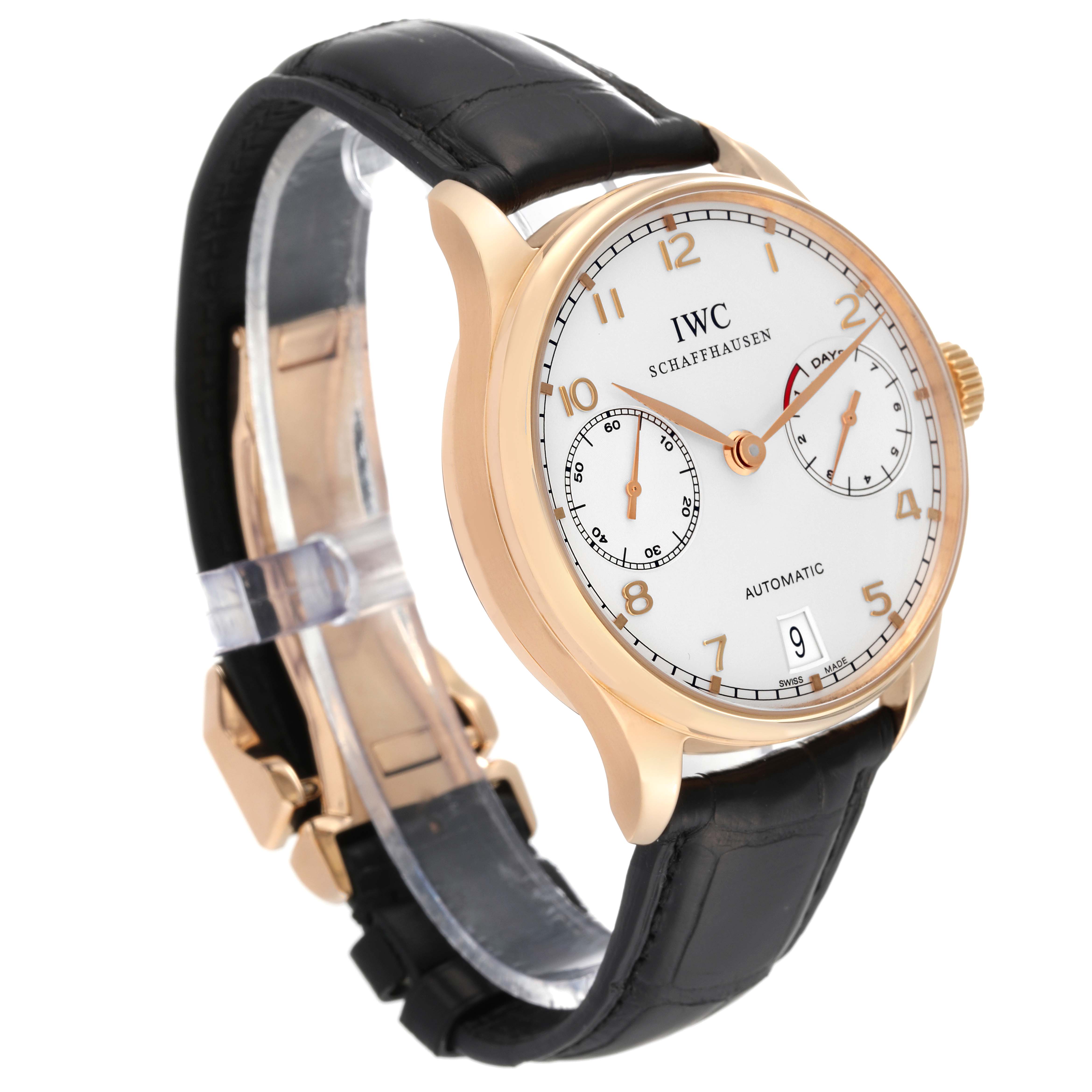 The image shows an IWC Portuguese IW500701 Men's Rose Gold Silver Dial IW500701 Men's Rose Gold Silver Dial model watch from a side angle, highlighting the dial, strap, and clasp.