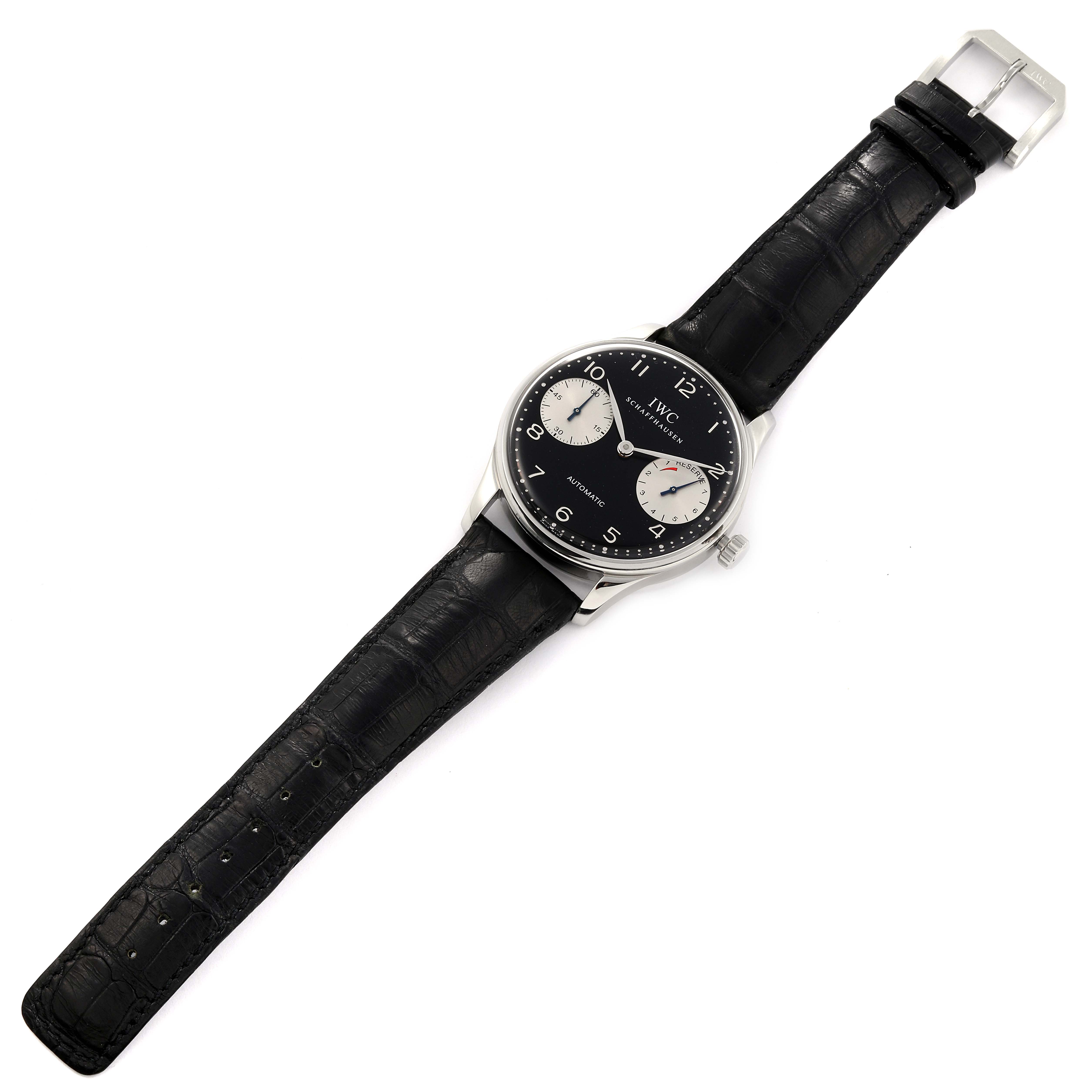 This image shows an IWC Portuguese IW500001 Men's Stainless Steel Black Dial IW500001 Men's Stainless Steel Black Dial model watch displayed flat with a black leather strap and its silver dial face visible.