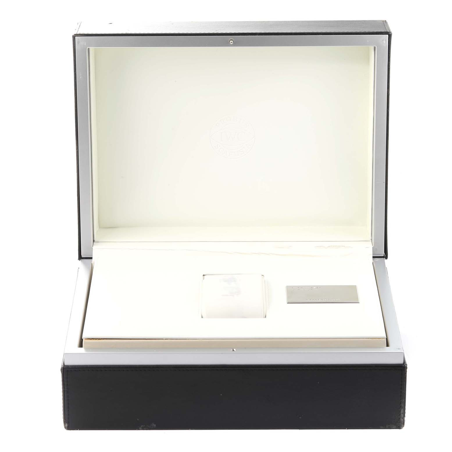 The image shows an open box with compartments for the IWC Portuguese IW500001 Men's Stainless Steel Black Dial IW500001 Men's Stainless Steel Black Dial model watch, viewed from the front.
