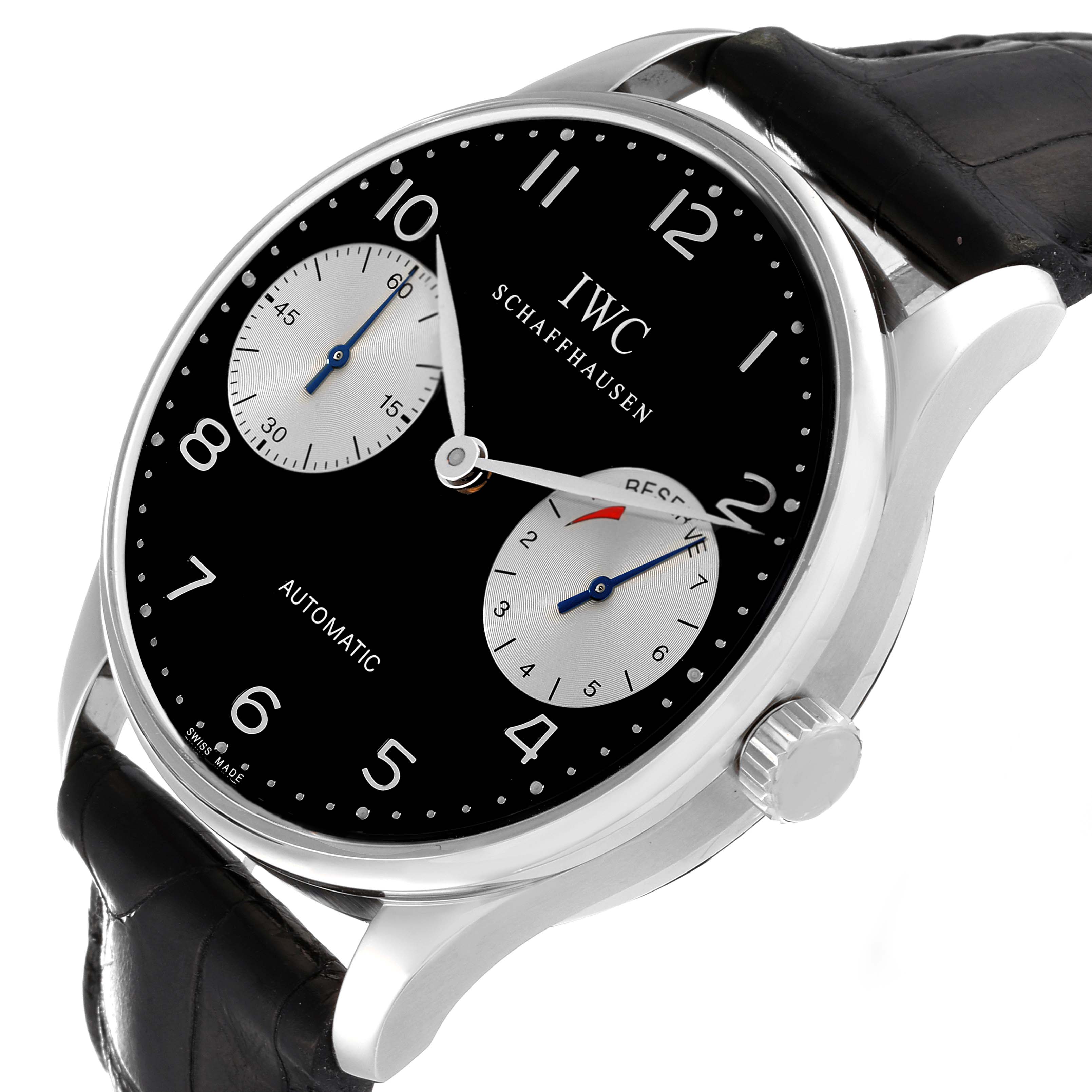 This image shows the IWC Portuguese IW500001 Men's Stainless Steel Black Dial IW500001 Men's Stainless Steel Black Dial model watch from an angled side view, highlighting the black dial, subdials, and crown.