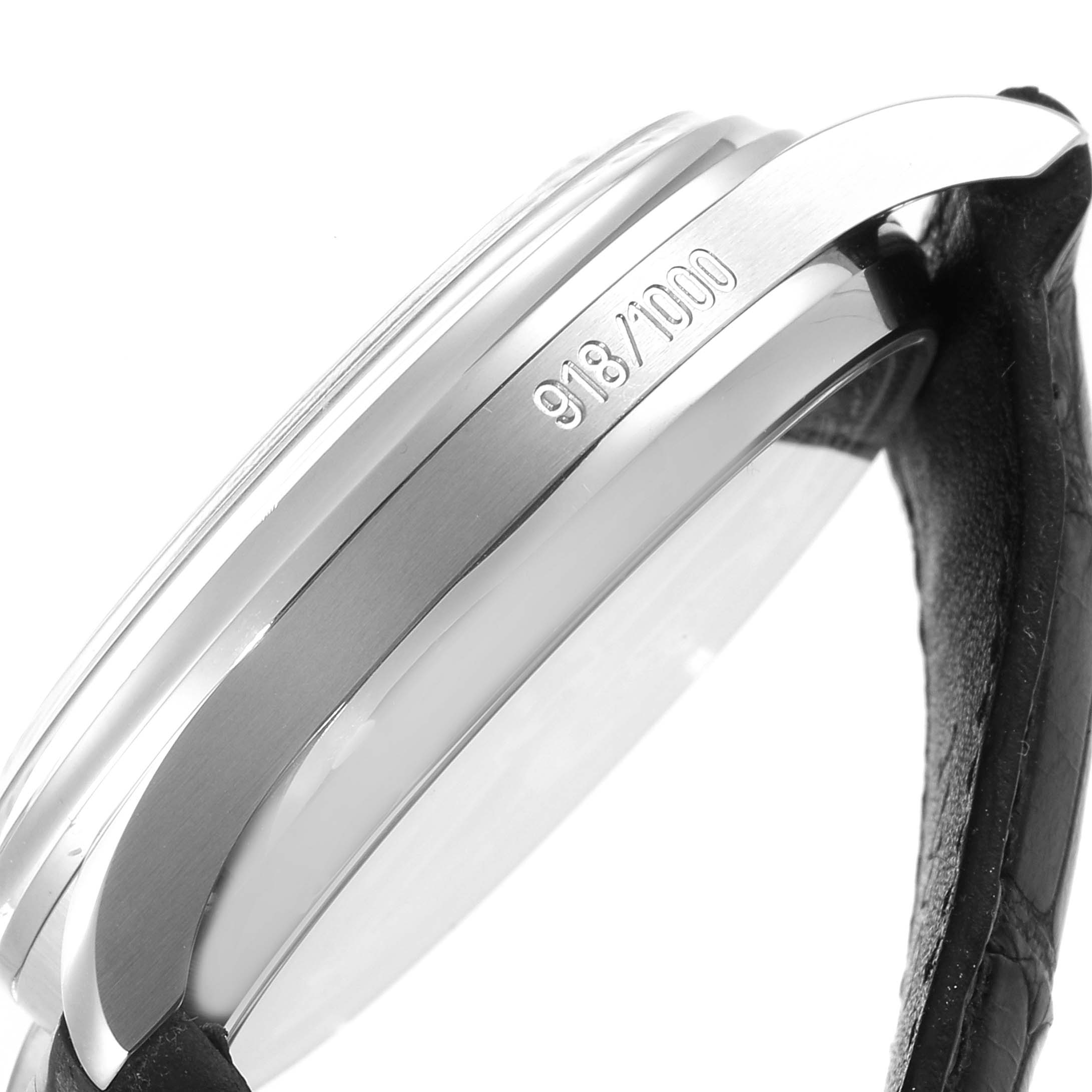 The image shows a side profile of the IWC Portuguese IW500001 Men's Stainless Steel Black Dial IW500001 Men's Stainless Steel Black Dial model watch, highlighting its case and engraving "916/1000."