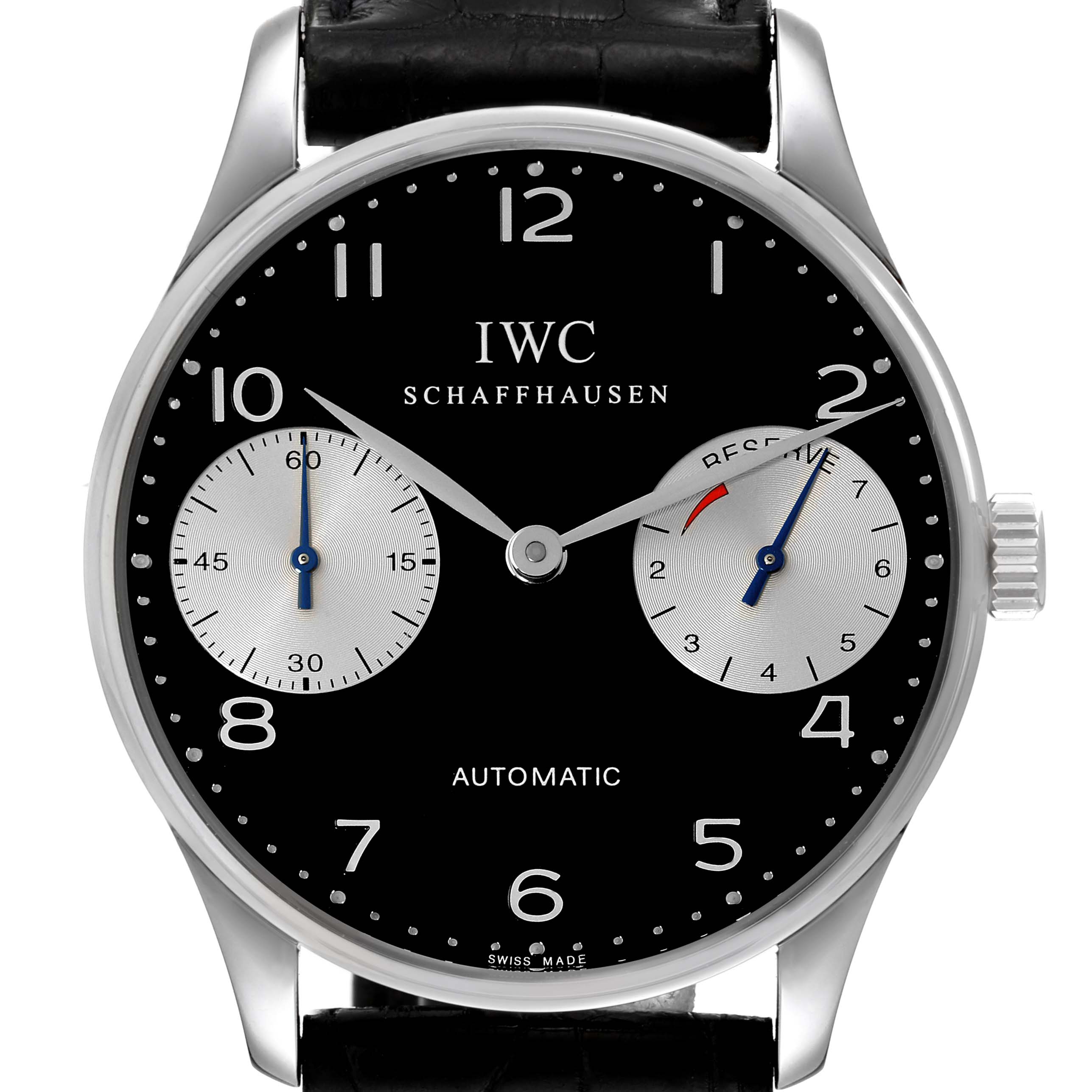 This image shows a front view of the IWC Portuguese IW500001 Men's Stainless Steel Black Dial IW500001 Men's Stainless Steel Black Dial model watch, highlighting the dial, numerals, sub-dials, and crown.