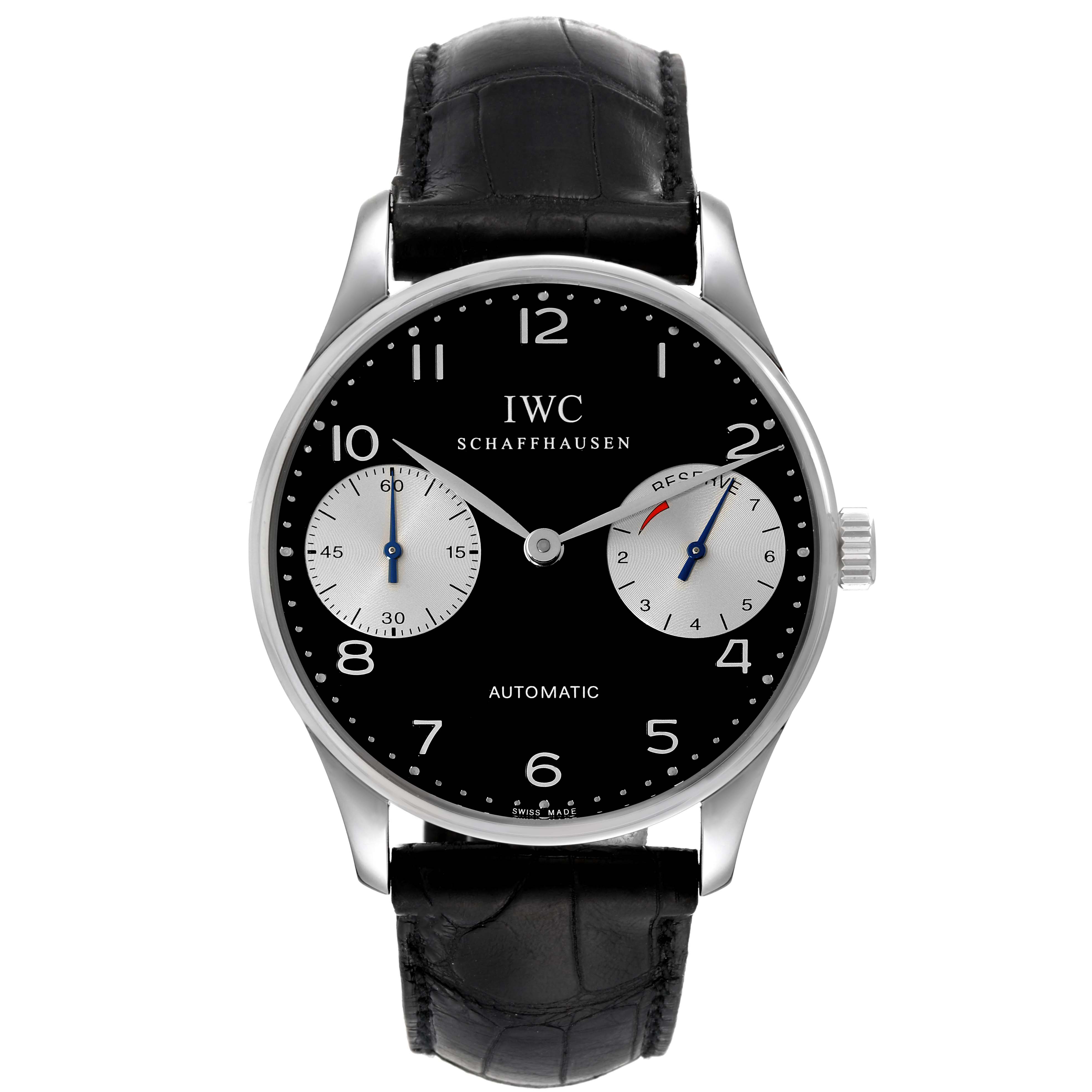 This image shows a frontal view of the IWC Portuguese IW500001 Men's Stainless Steel Black Dial IW500001 Men's Stainless Steel Black Dial model watch, displaying its black dial, silver subdials, and black leather strap.
