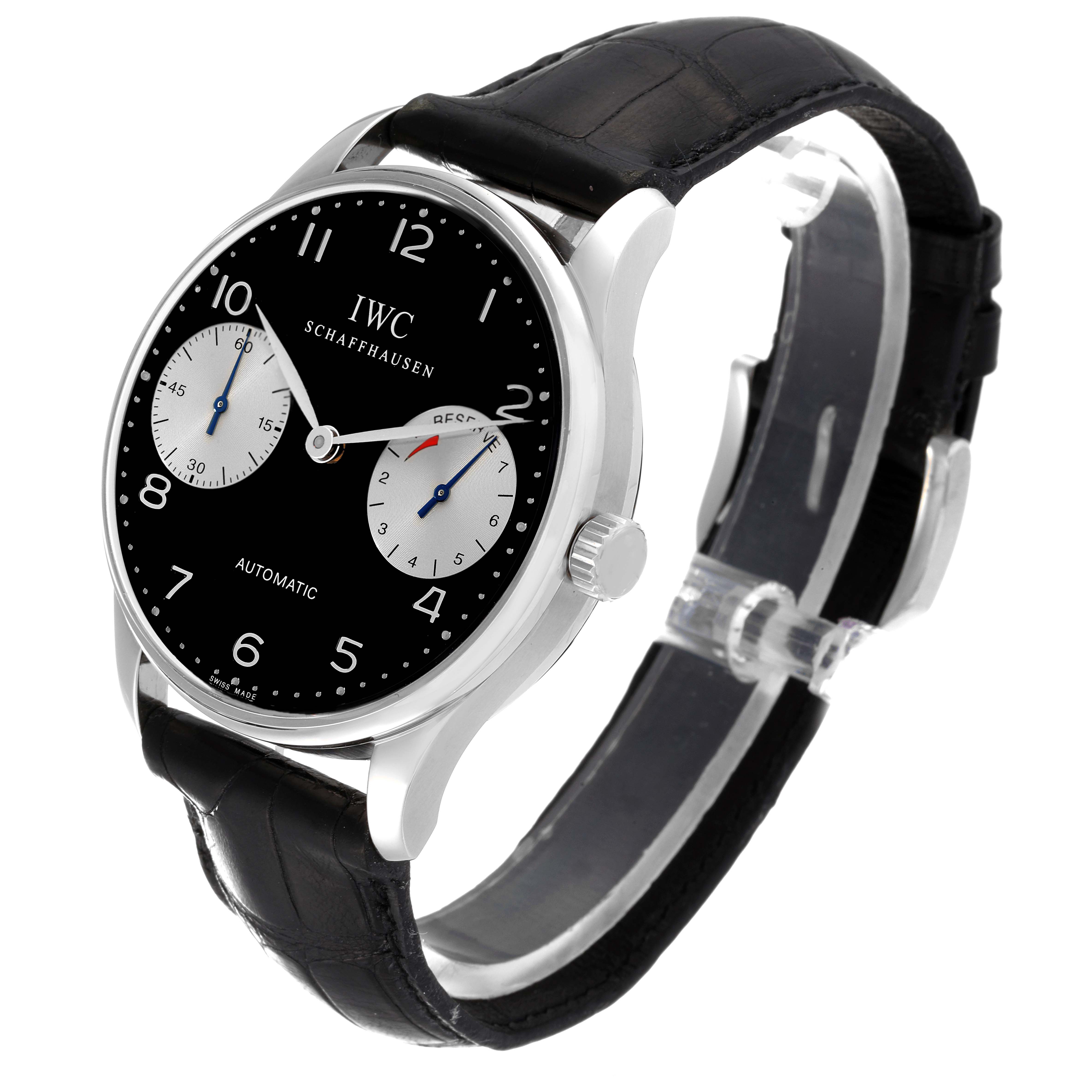 This IWC Portuguese IW500001 Men's Stainless Steel Black Dial IW500001 Men's Stainless Steel Black Dial watch is shown at a three-quarter angle, displaying the black dial, subdials, silver case, and black leather strap.