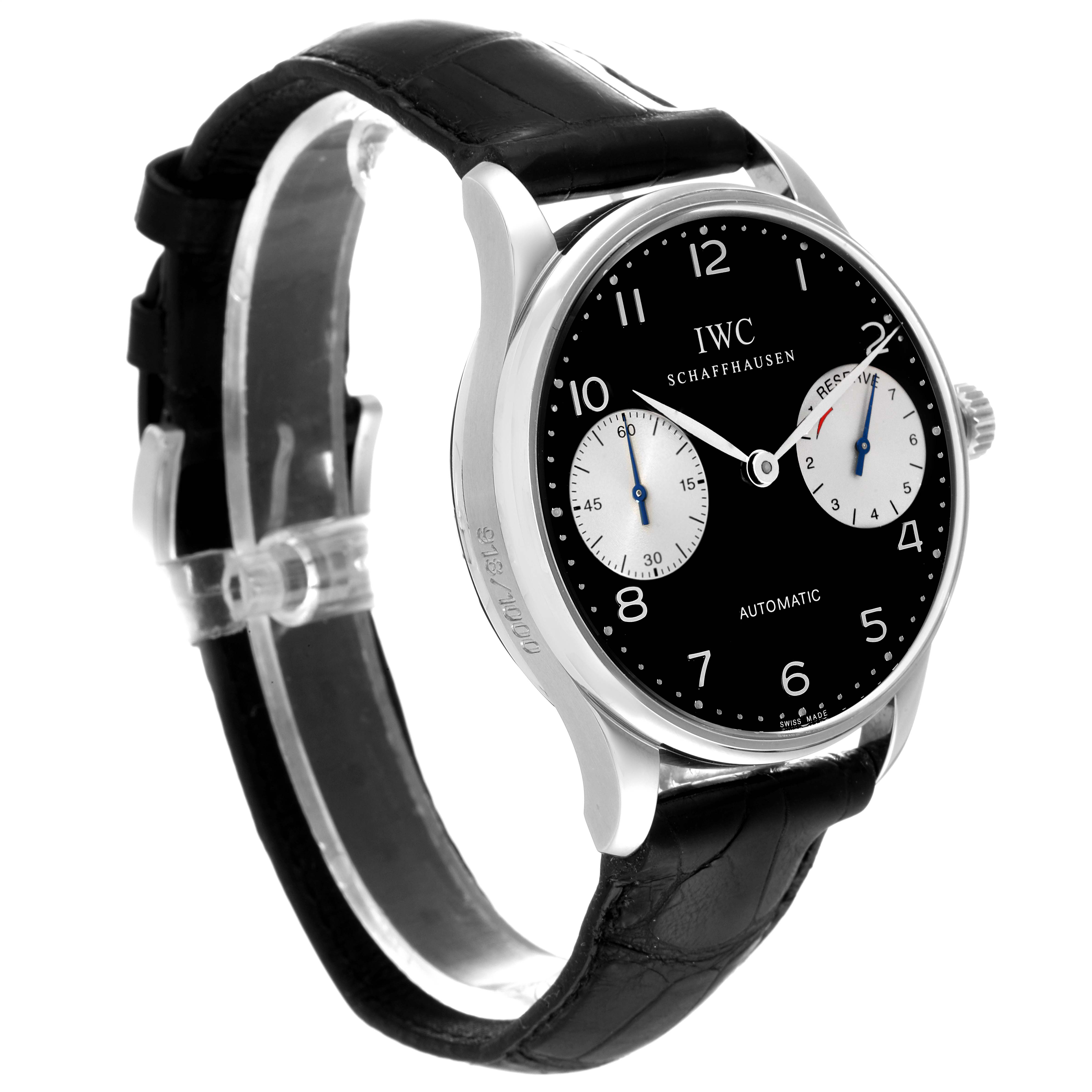 This image shows the IWC Portuguese IW500001 Men's Stainless Steel Black Dial IW500001 Men's Stainless Steel Black Dial model watch at a slight angle, highlighting the black dial, sub-dials, and leather strap.