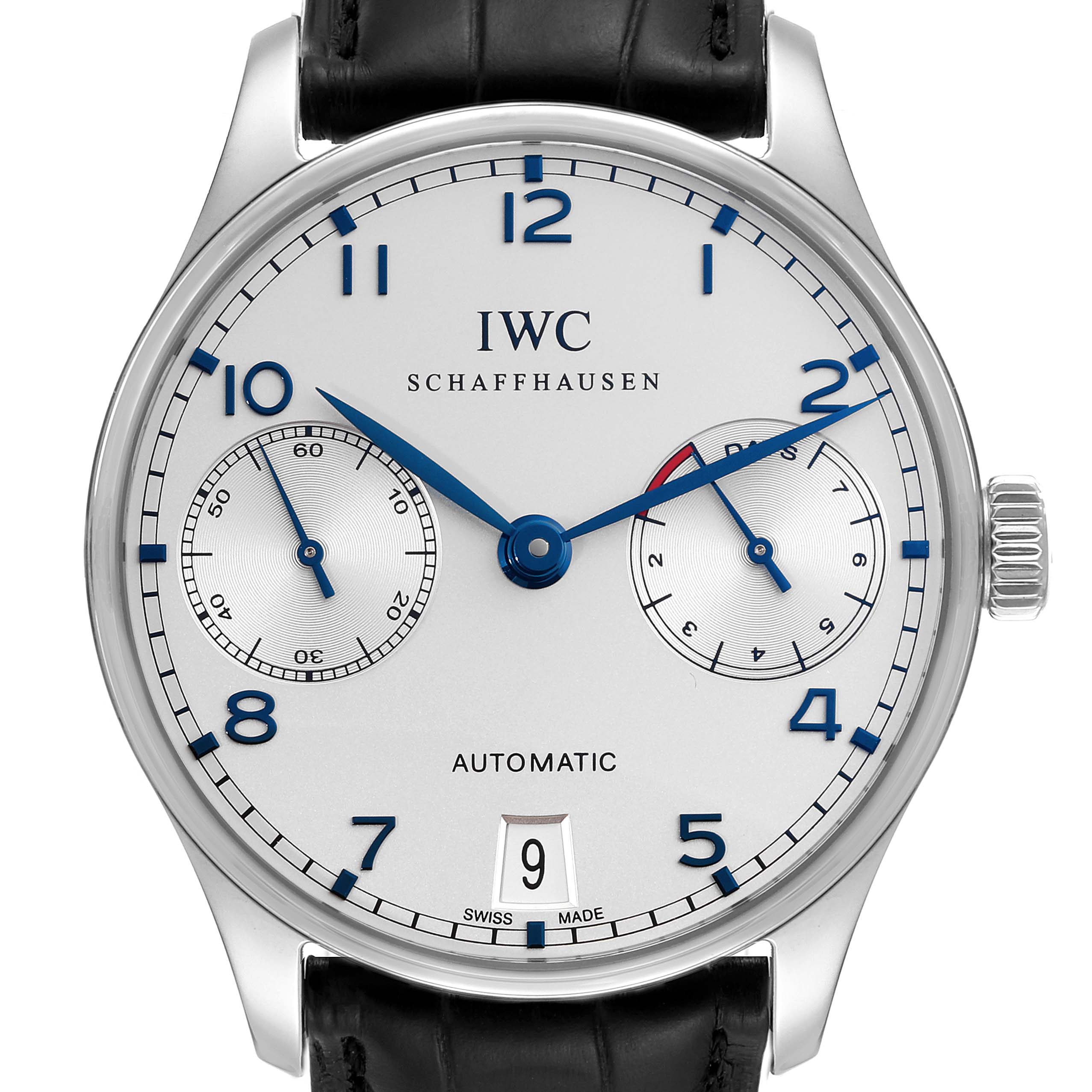 Front view of the IWC Portuguese IW500107 Men's Stainless Steel Silver Dial IW500107 Men's Stainless Steel Silver Dial model, showing the dial, hands, sub-dials, and date indicator.