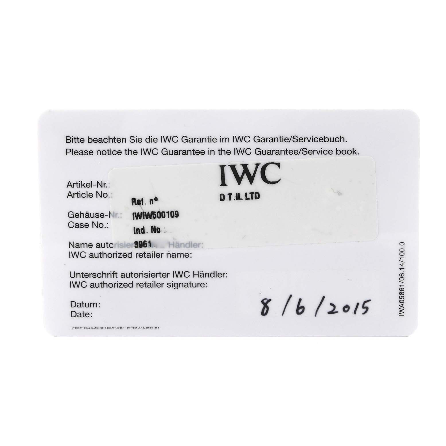 The image shows a guarantee/service card for the IWC Portuguese IW500107 Men's Stainless Steel Silver Dial IW500107 Men's Stainless Steel Silver Dial model, providing article, case, and identification numbers, along with retailer information and date.
