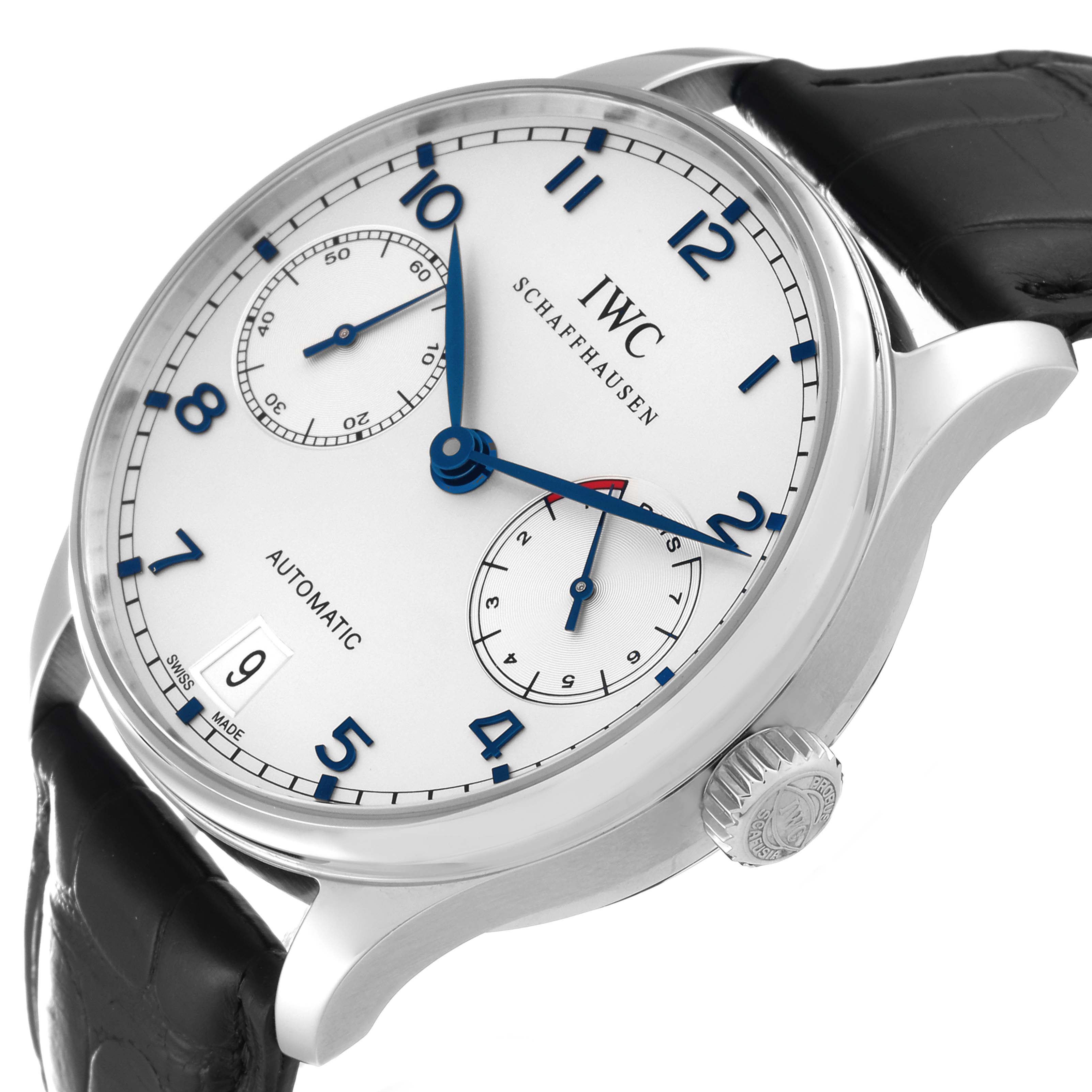 The image shows the IWC Portuguese IW500107 Men's Stainless Steel Silver Dial IW500107 Men's Stainless Steel Silver Dial watch from an angle displaying the face, dial, crown, and part of the leather strap.