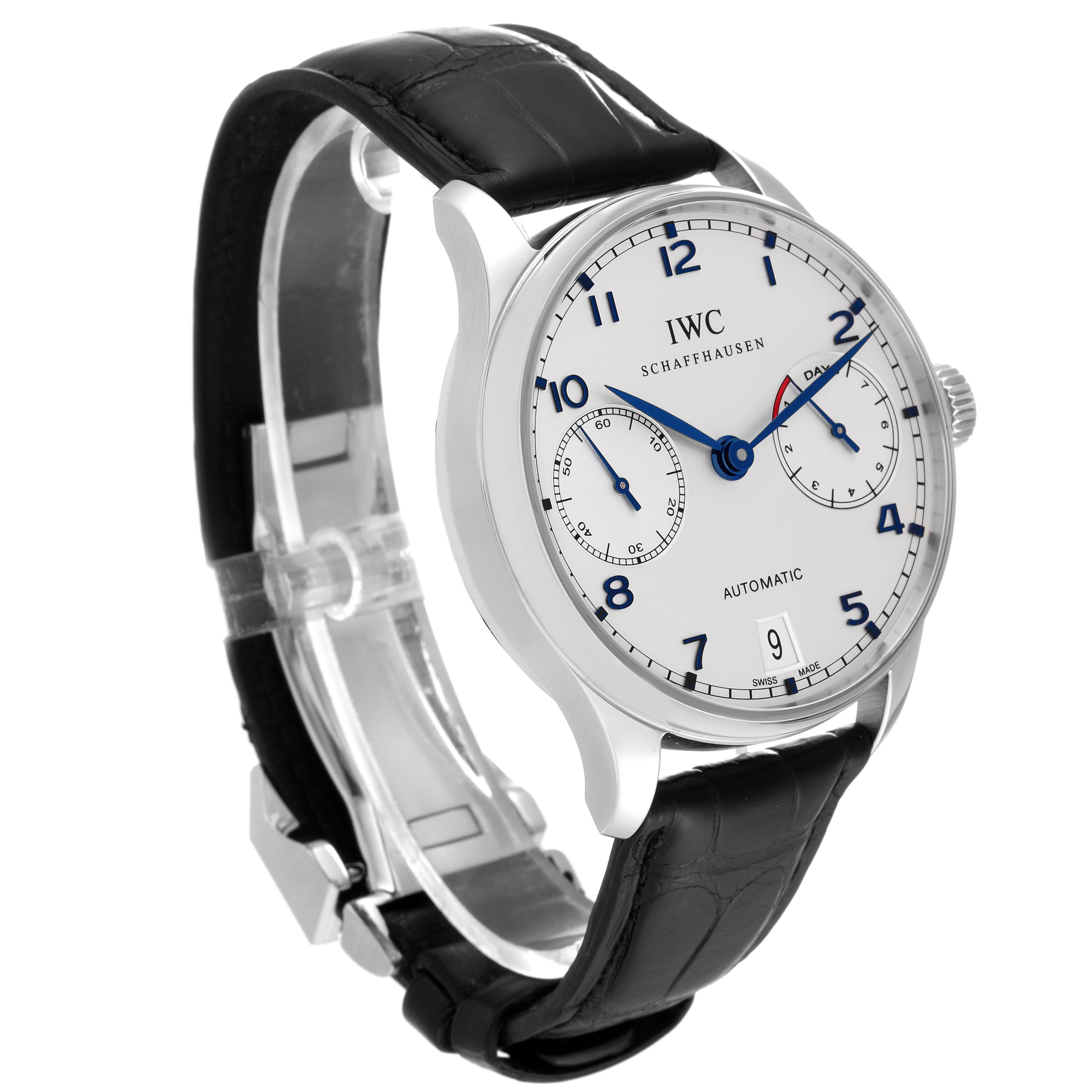 The image shows a side angle of the IWC Portuguese IW500107 Men's Stainless Steel Silver Dial IW500107 Men's Stainless Steel Silver Dial model watch, highlighting its face, strap, crown, and lugs.