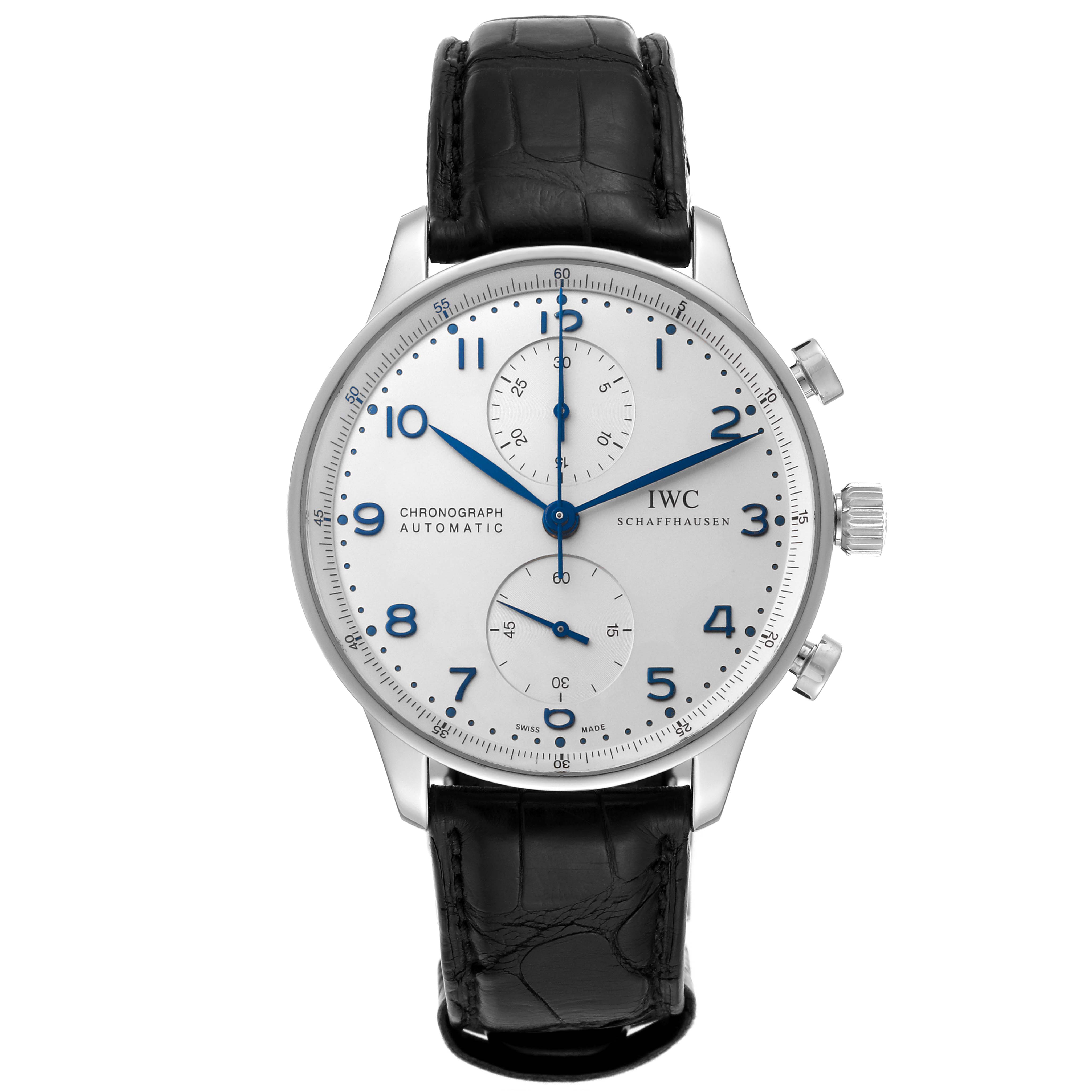 The IWC Portuguese IW371446 Men's Stainless Steel Silver Dial IW371446 Men's Stainless Steel Silver Dial model watch is shown from the front, displaying its dial, chronograph buttons, and black leather strap.