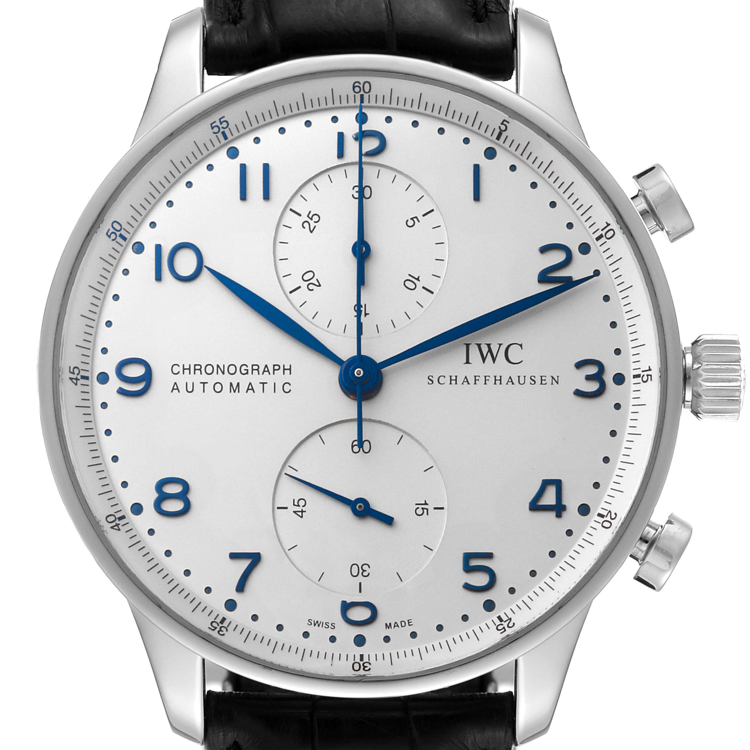 The IWC Portuguese IW371446 Men's Stainless Steel Silver Dial IW371446 Men's Stainless Steel Silver Dial model watch is shown from the front, highlighting the dial, hands, sub-dials, and crown.