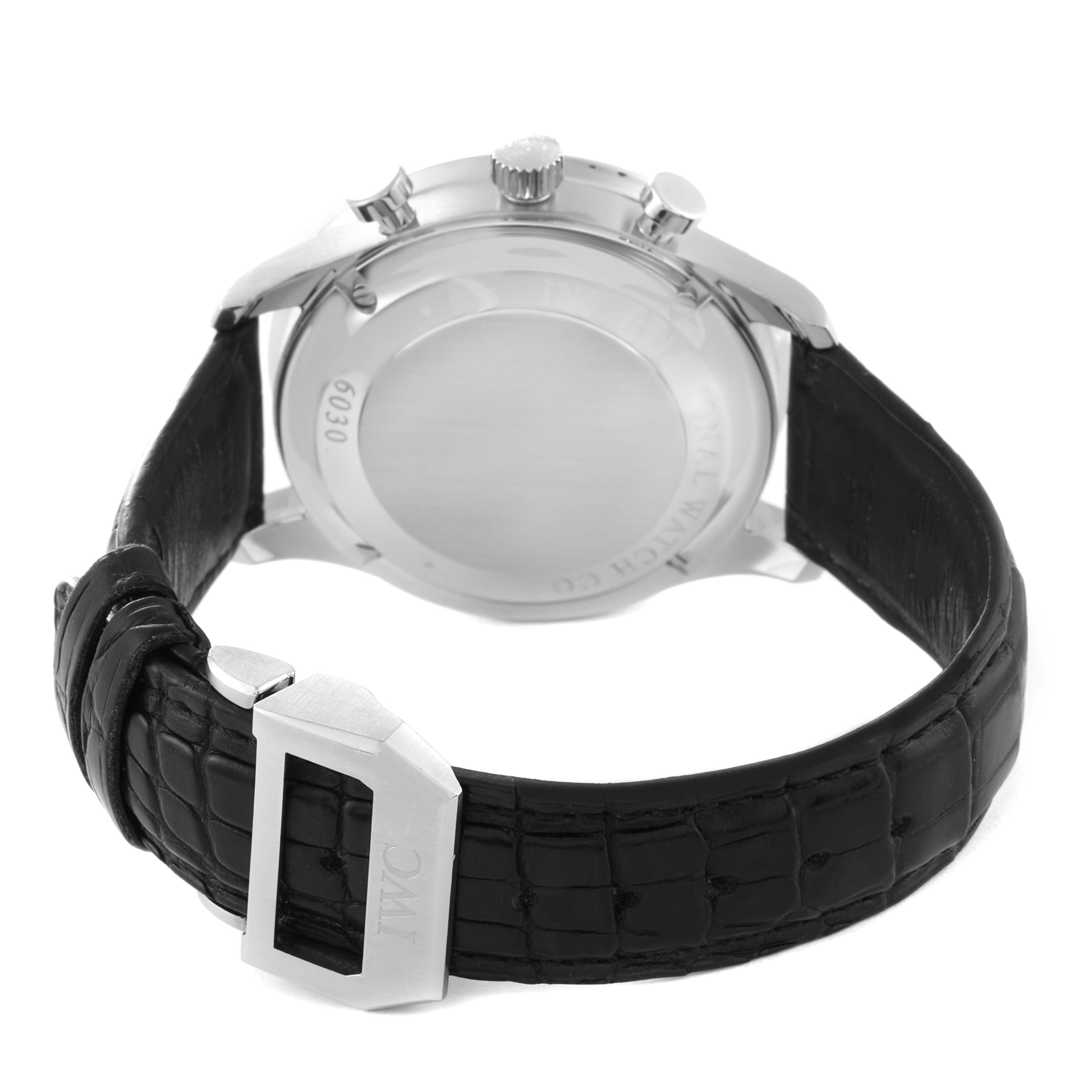 The image shows the back case and strap of an IWC Portuguese IW371446 Men's Stainless Steel Silver Dial IW371446 Men's Stainless Steel Silver Dial model watch from a rear angle.