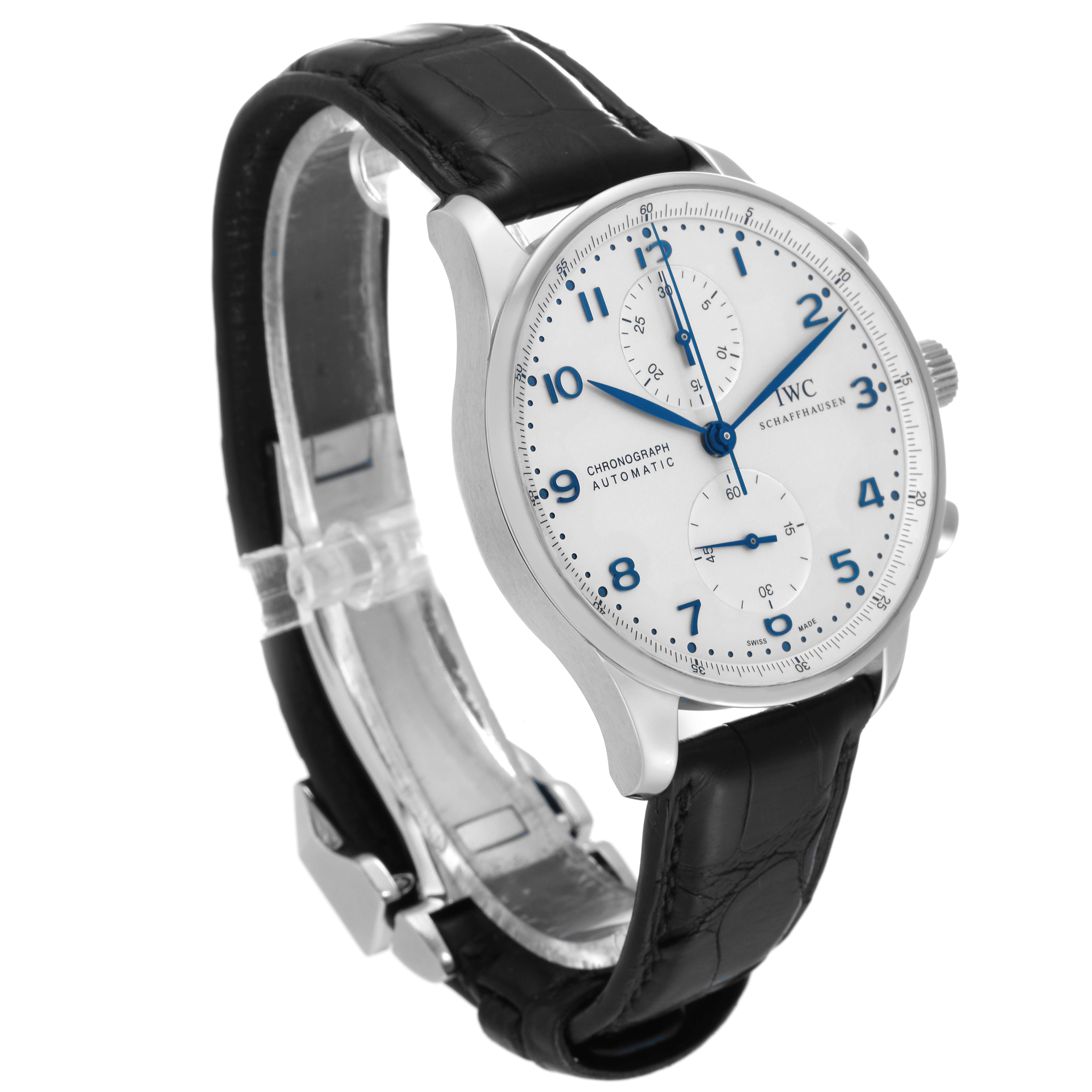 The IWC Portuguese IW371446 Men's Stainless Steel Silver Dial IW371446 Men's Stainless Steel Silver Dial model watch is shown at a slight angle from the front, displaying the face, bezel, and part of the leather strap.