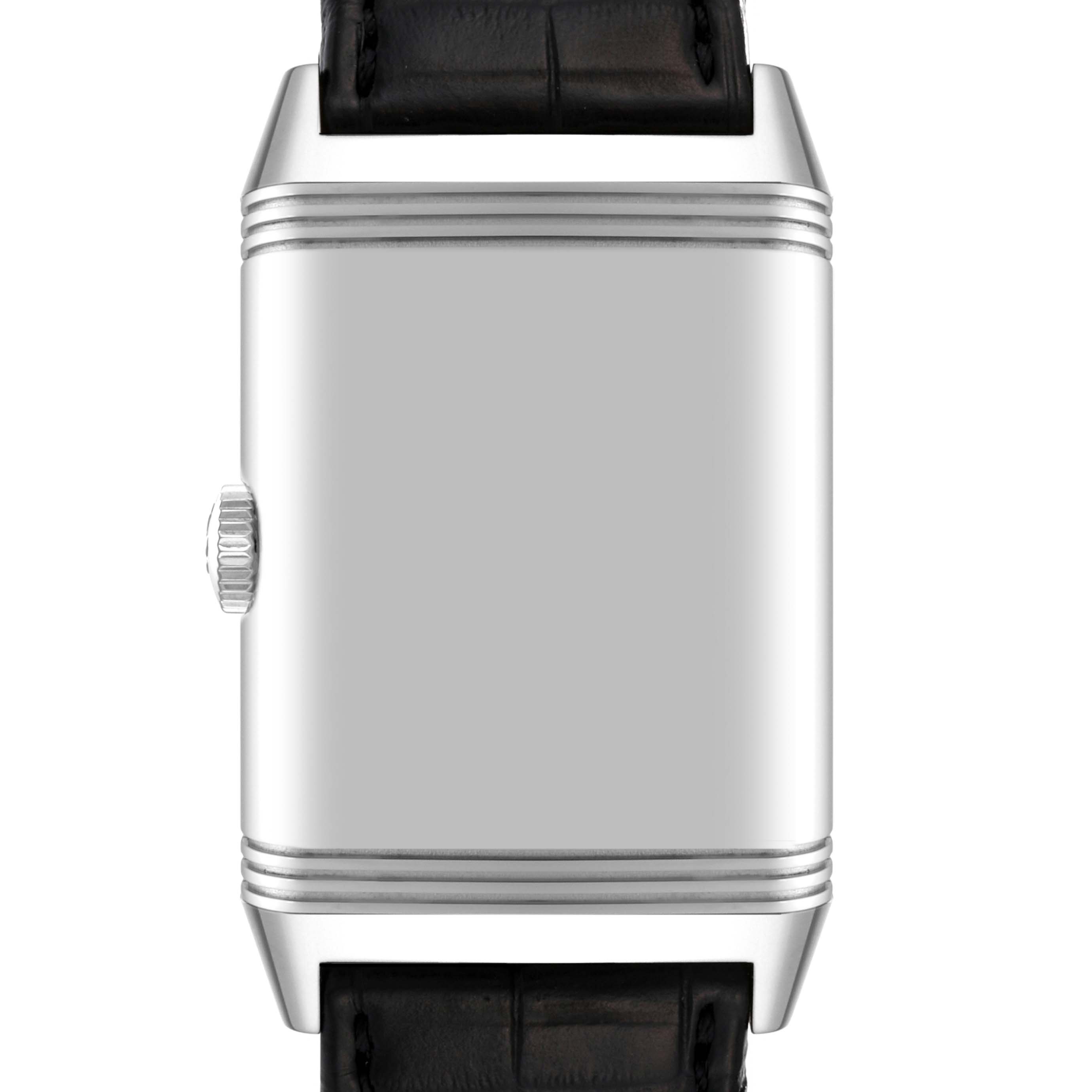 The image shows a front view of the Jaeger-LeCoultre Reverso watch with a focus on the case and crown.