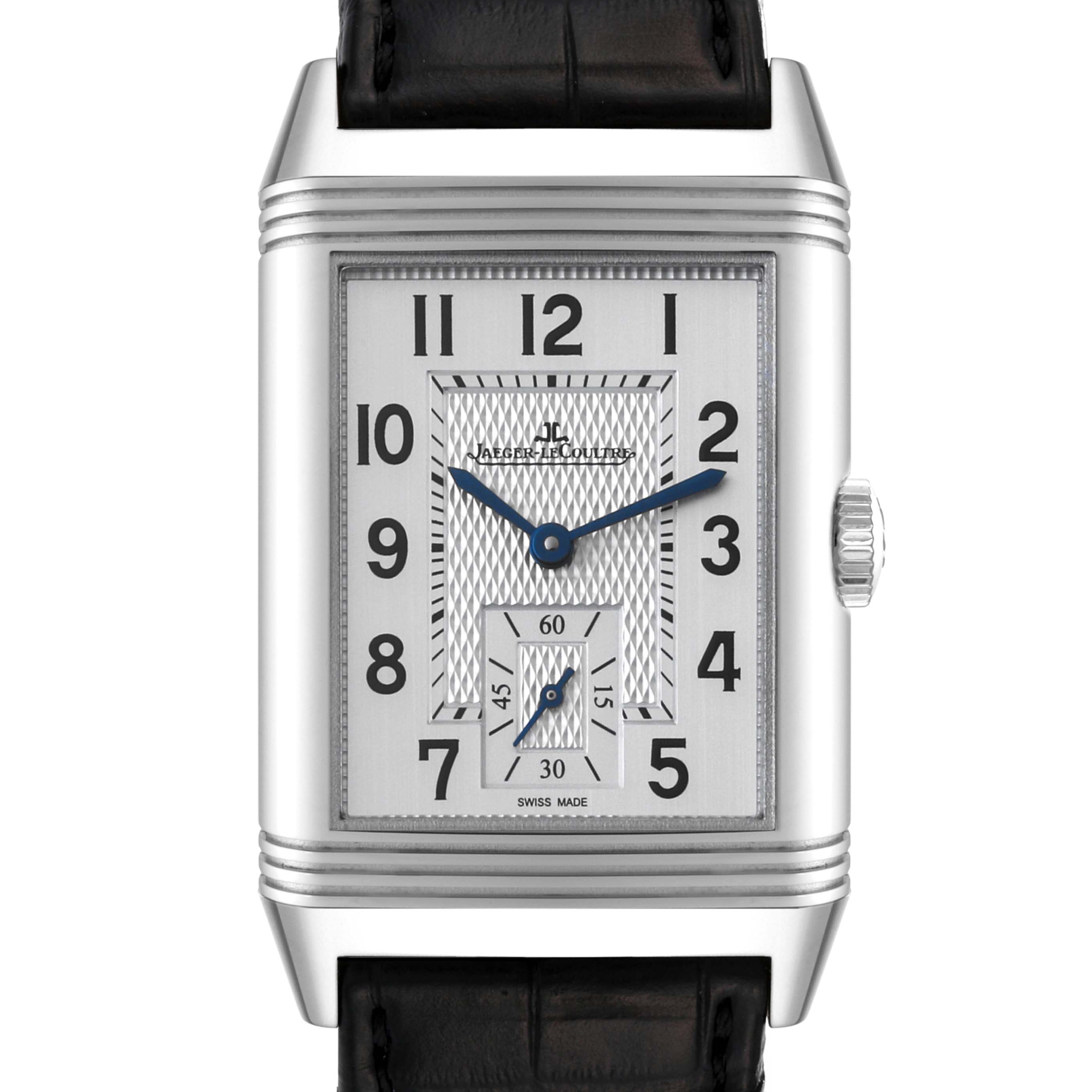 The image shows the frontal view of a Jaeger LeCoultre Reverso Q3858520 Men
s Stainless Steel Silver Dial Q3858520 Men
s Stainless Steel Silver Dial watch, prominently displaying its dial and crown.
