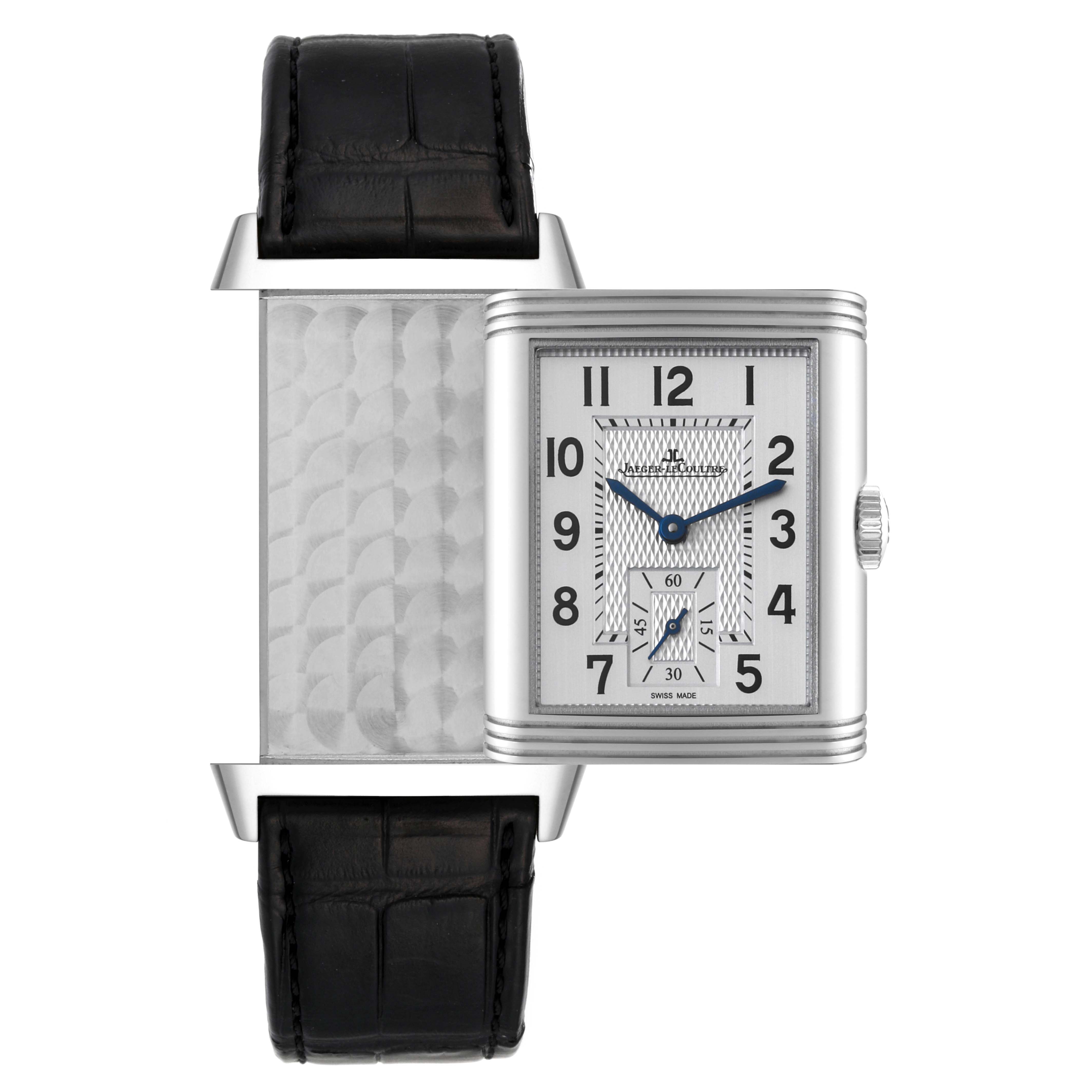 The image displays a Jaeger LeCoultre Reverso Q3858520 Men
s Stainless Steel Silver Dial Q3858520 Men
s Stainless Steel Silver Dial watch with its case flipped to show both the front dial and the reverse side.