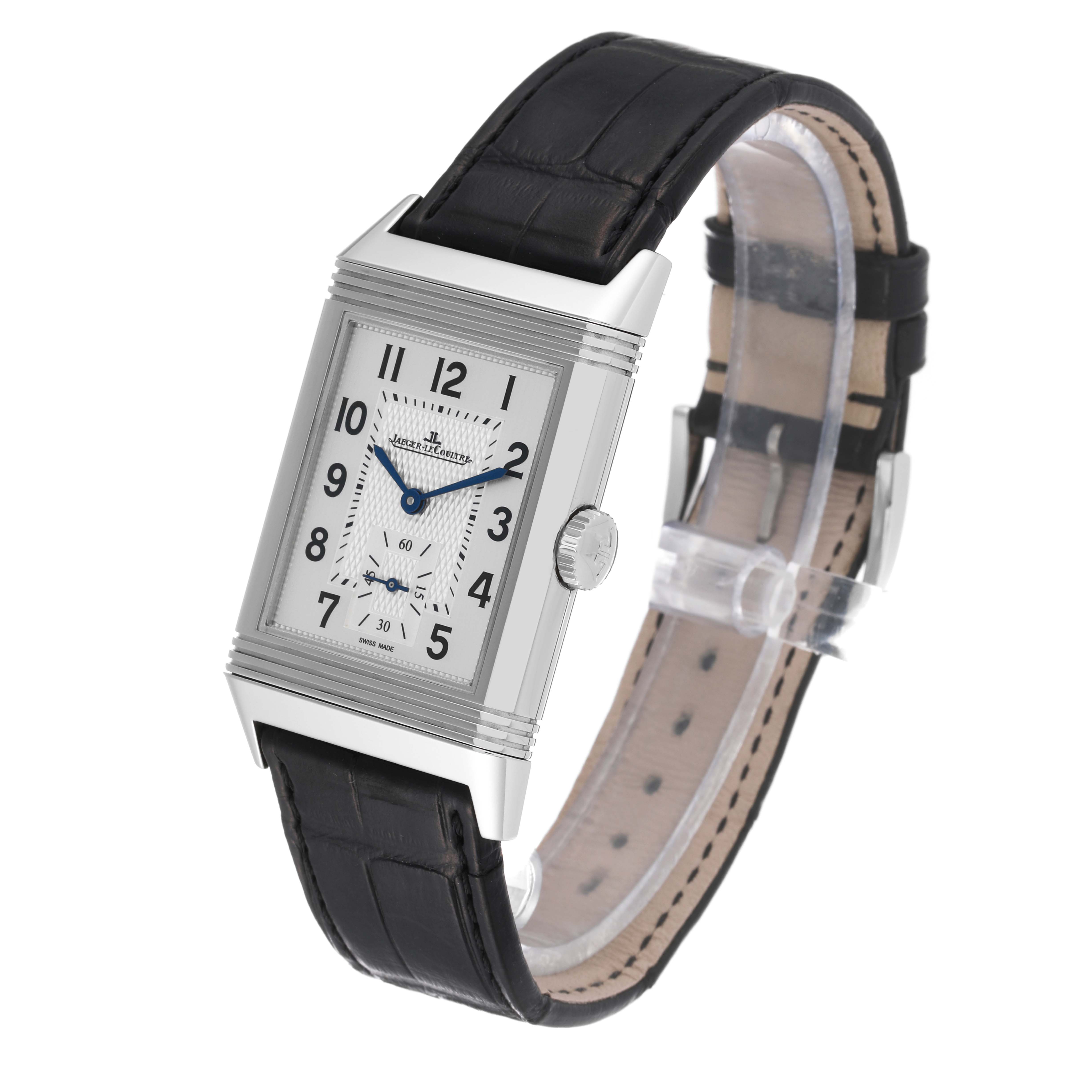The Jaeger LeCoultre Reverso Q3858520 Men
s Stainless Steel Silver Dial Q3858520 Men
s Stainless Steel Silver Dial watch is shown at a three-quarter angle, displaying the face, case, strap, and crown.