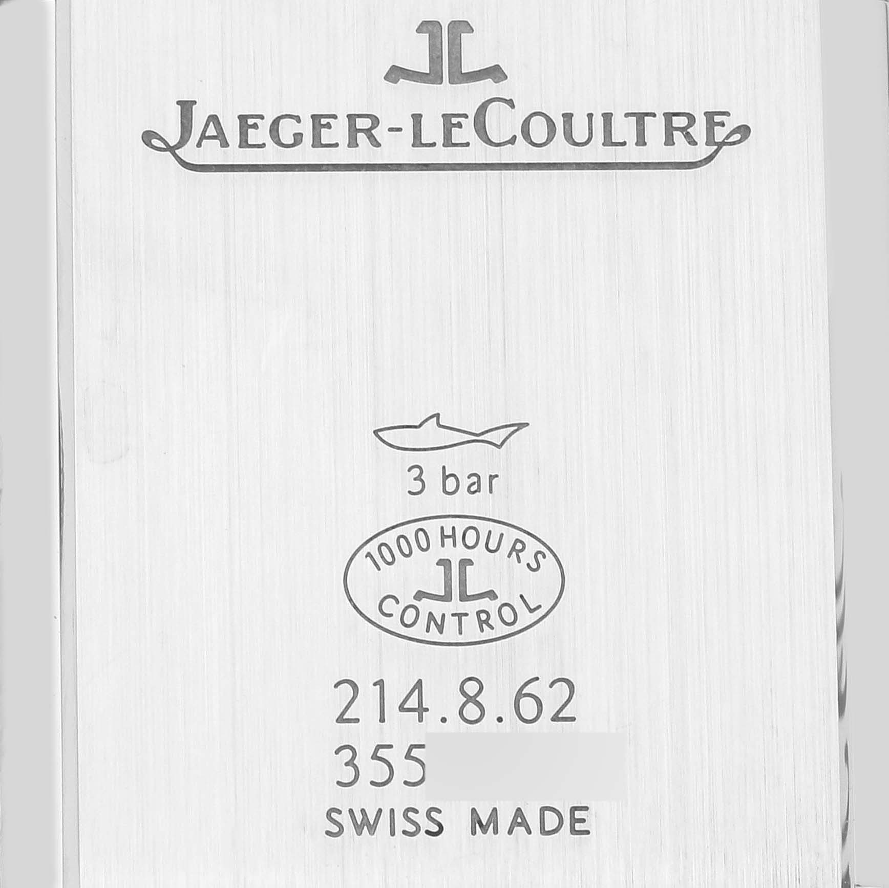 This image shows the backside of a Reverso model by Jaeger-LeCoultre, detailing water resistance, a control mark, and the Swiss-made label.
